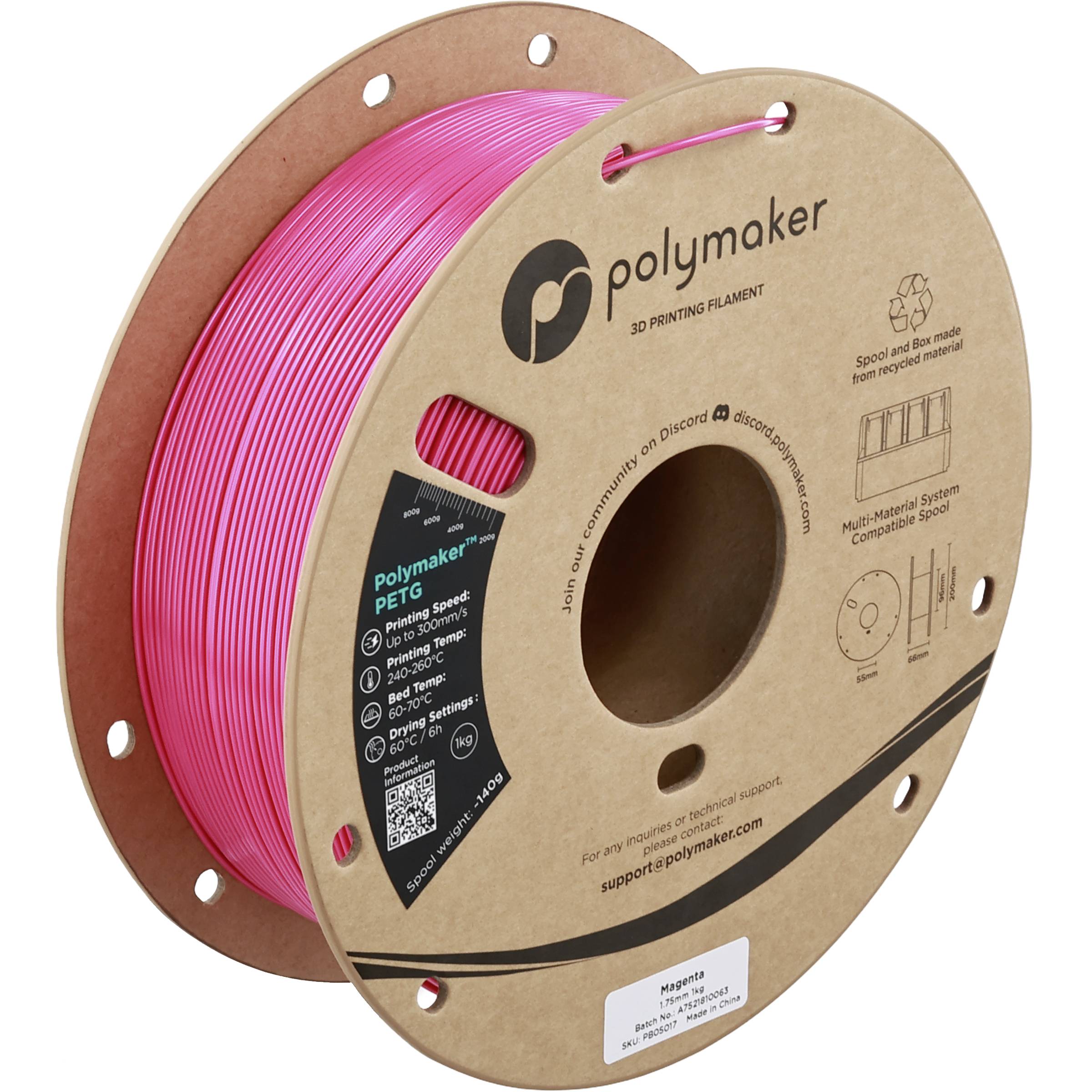 Bobine de filament PETG 3D Polymaker rose vif sur une bobine en carton avec des étiquettes de produit et des trous de préhension.