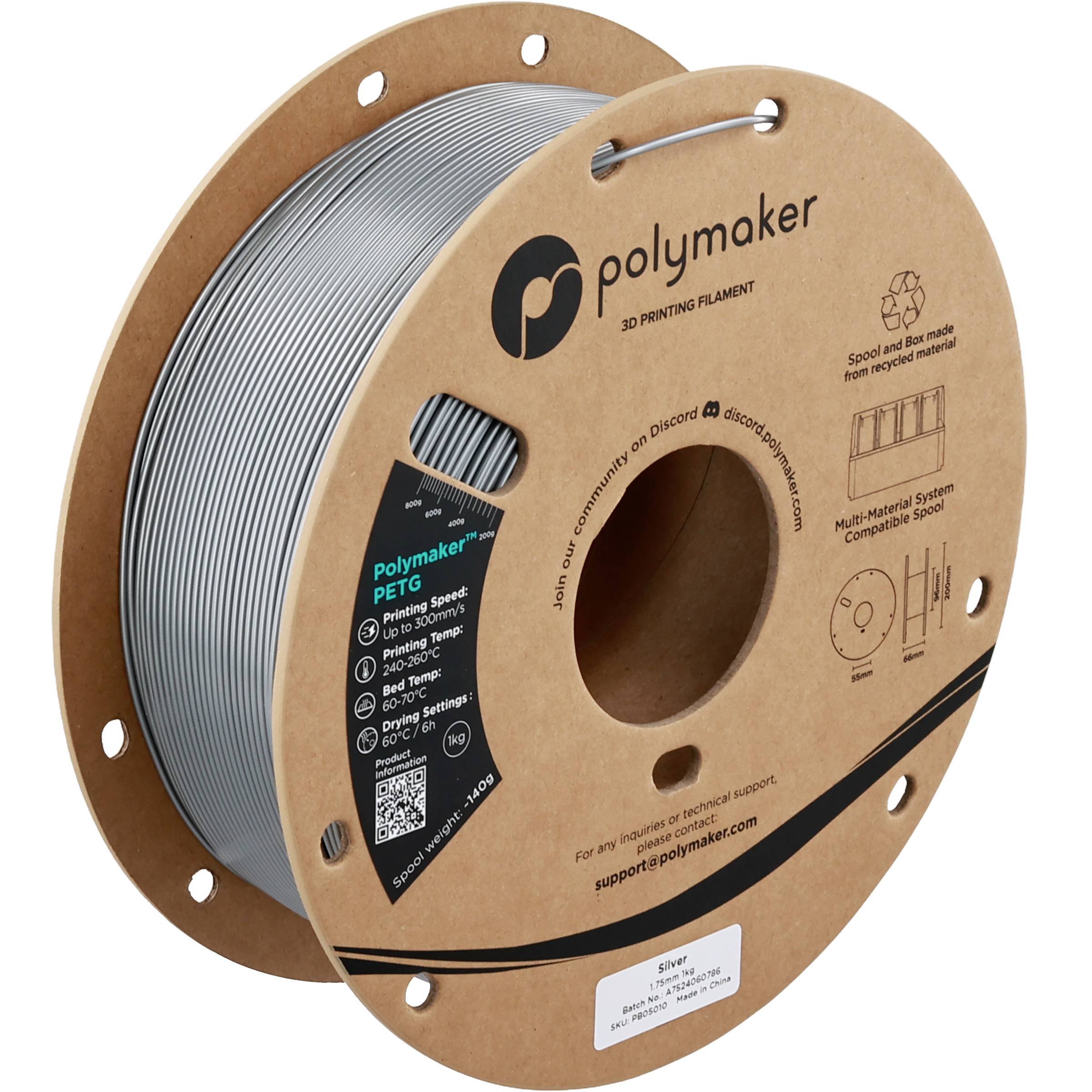 Bobine de filament PETG argenté Polymaker pour impression 3D sur une bobine en carton avec étiquettes de produit et image de marque.
