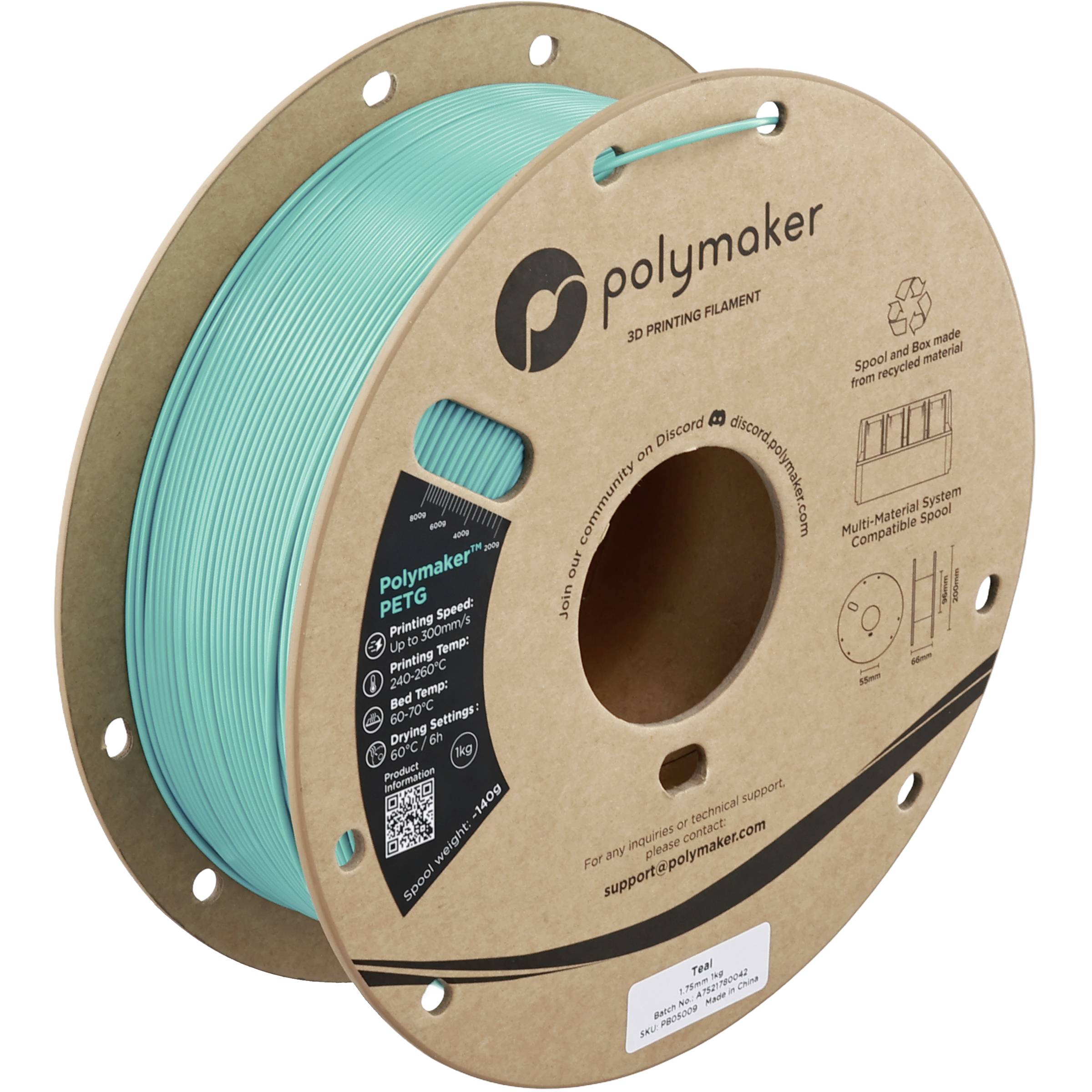 Une bobine de filament pour imprimante 3D turquoise sur une bobine en carton étiquetée « polymaker » et « PETG ».