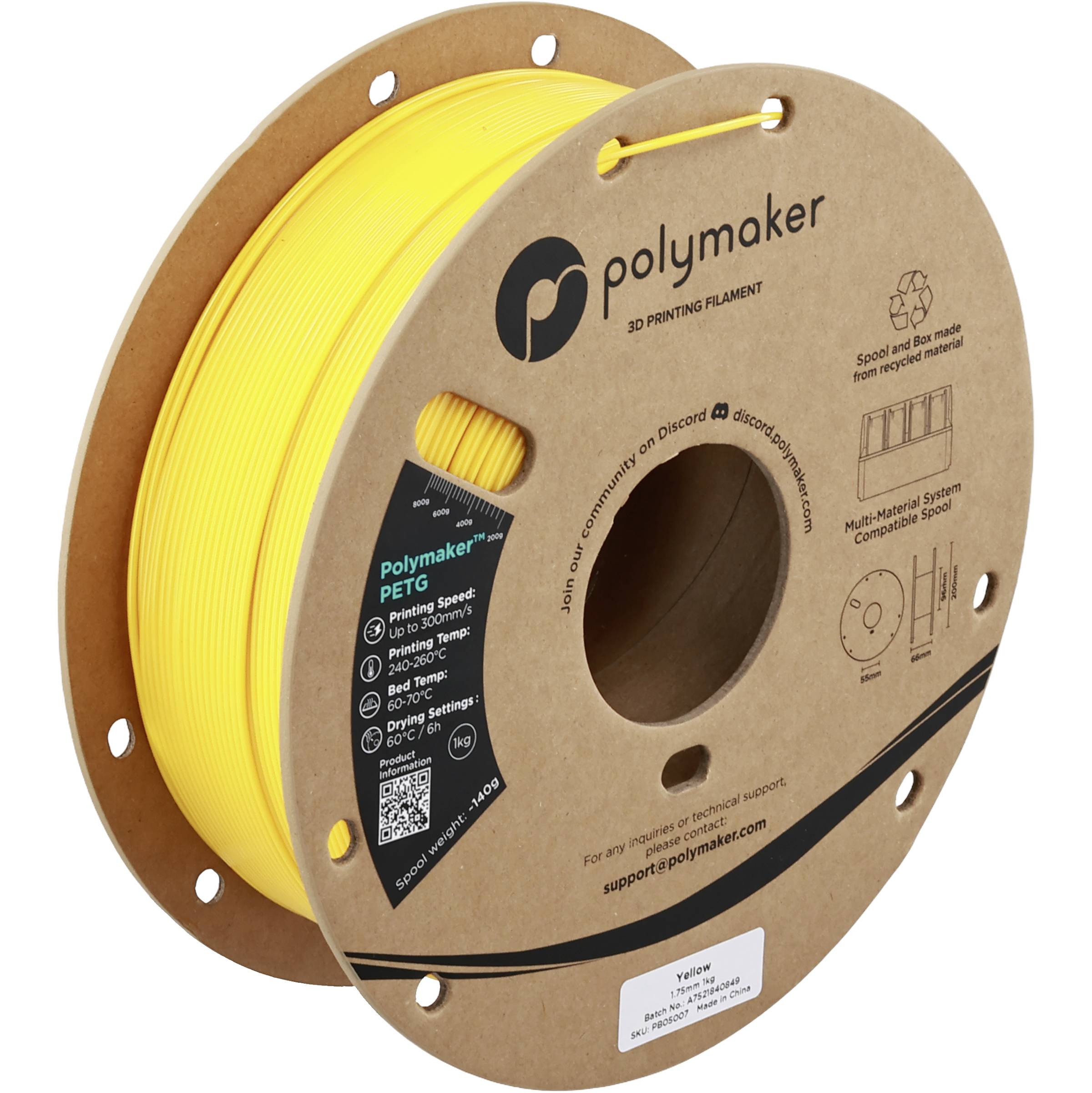 Une bobine de filament d'imprimante 3D Polymaker d'un jaune éclatant sur une bobine en carton étiquetée « polymaker » et « filament d'imprimante 3D ».