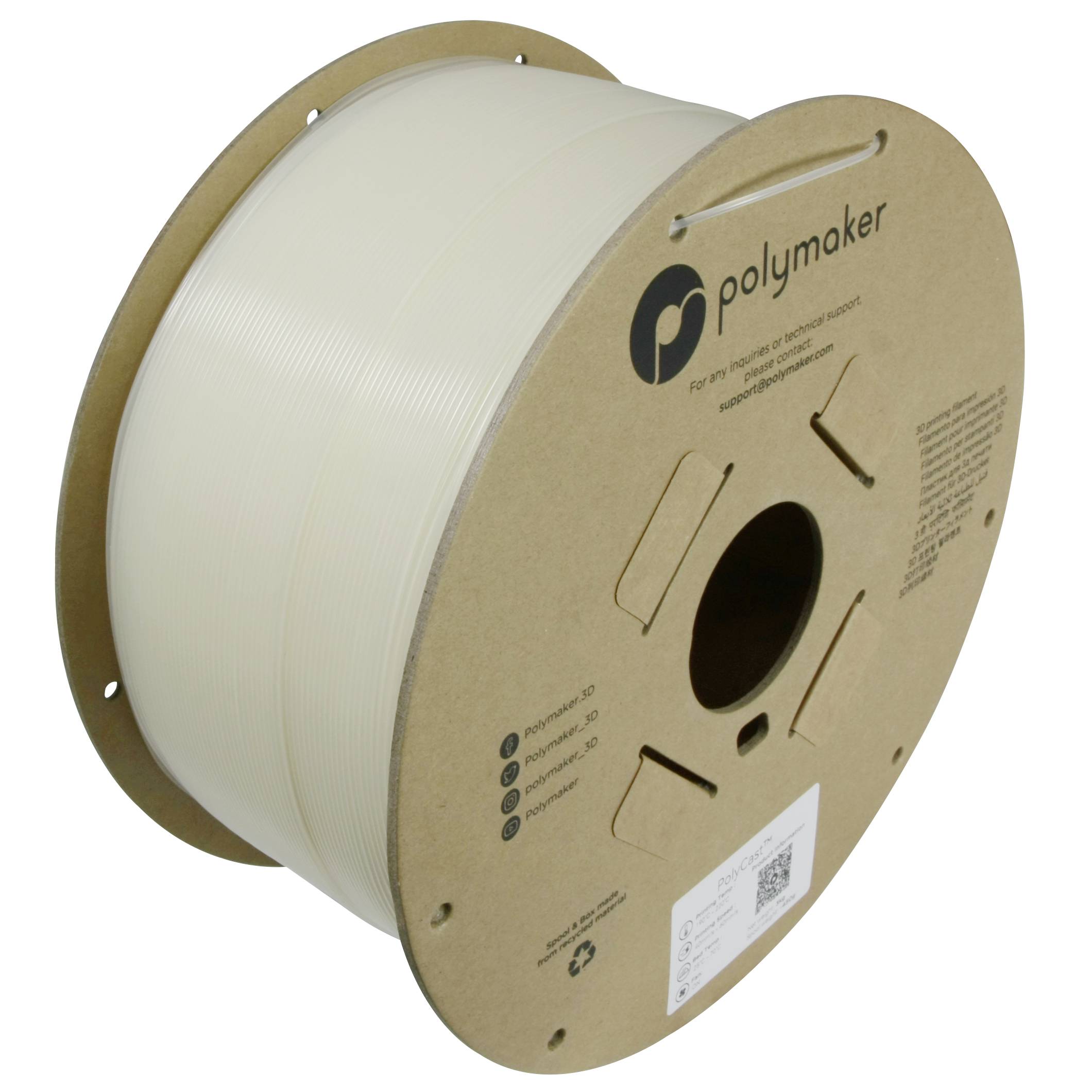 Grande bobine de filament pour imprimante 3D translucide sur une bobine en carton étiquetée « polymaker ».