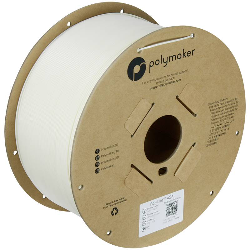 Une grande bobine de filament blanc pour imprimante 3D sur une bobine en carton étiquetée « polymaker » et « PolyLite ASA ».