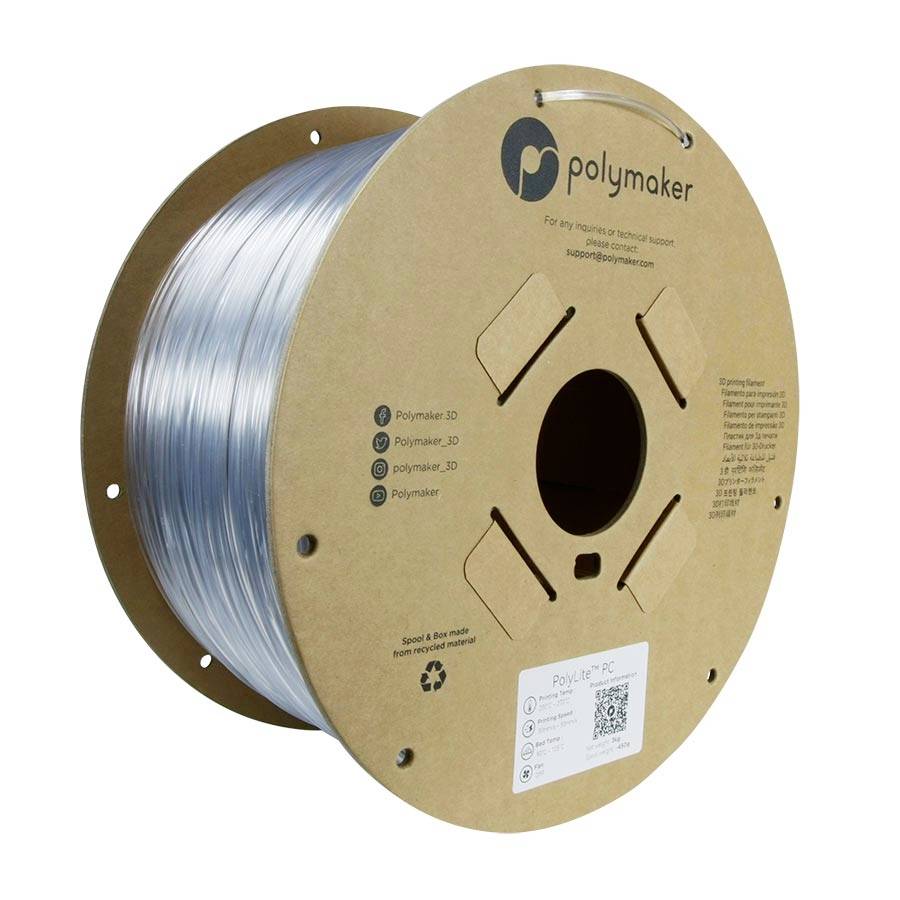 Une grande bobine de filament bleu translucide pour imprimante 3D sur une bobine en carton étiquetée « polymaker » et « PolyLite-PC ».