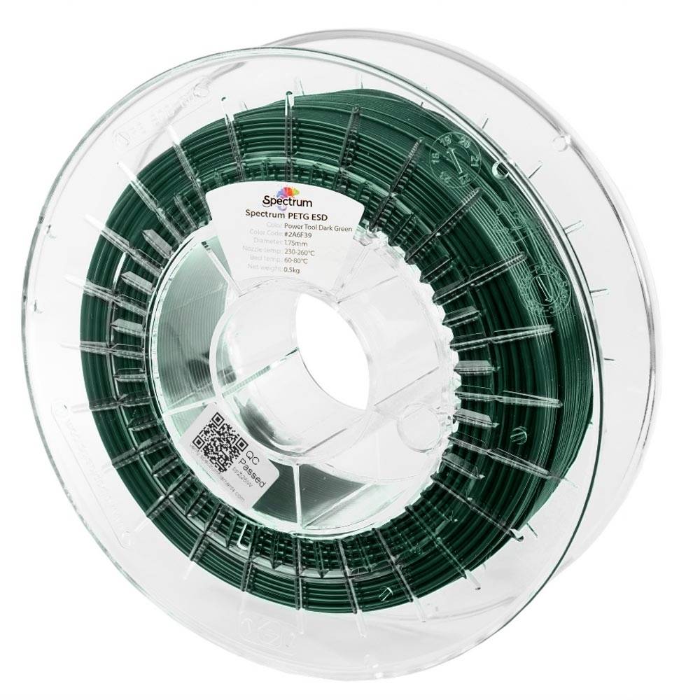 Bobine de filament d'imprimante 3D vert foncé sur une bobine transparente, étiquetée « Spectrum PETG FS », présentée sur un fond blanc.