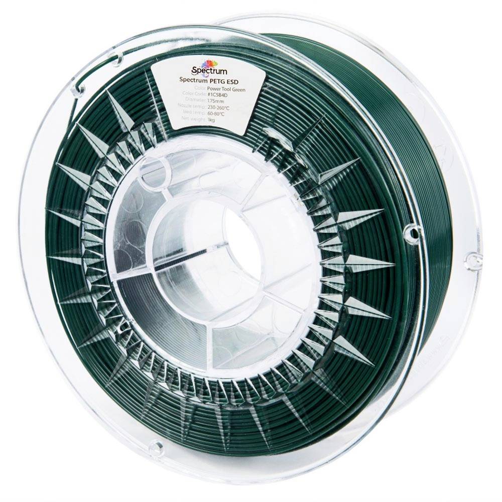 Bobine de filament d'imprimante 3D vert dans une bobine en plastique transparent, étiquetée « Spectrum PETG ESD » et « True Tool Green ».