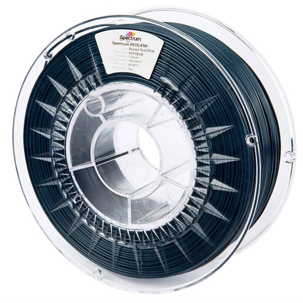 Bobine de filament pour imprimante 3D couleur sarcelle étiquetée « Spectrum PETG ESD », présentée dans un emballage à bobine en plastique transparent.