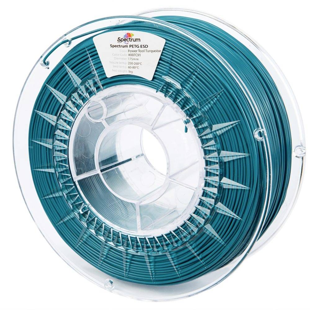 Bobine de filament d'impression 3D de couleur bleu-vert étiqueté « Spectrum PETG ESD », présenté dans un emballage de bobine transparent.