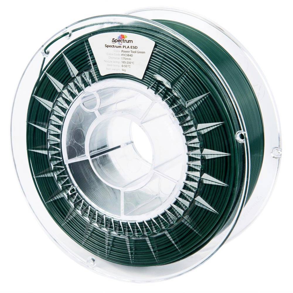 Bobine de filament d'imprimante 3D vert foncé portant l'étiquette « Spectrum PLA ESD » dans une bobine en plastique transparent.