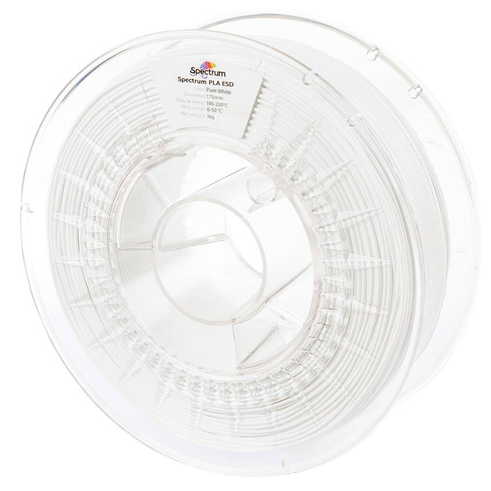 Bobine transparente de filament PLA ESD Spectrum blanc pour imprimante 3D avec un moyeu étiqueté, montré sur un fond blanc.