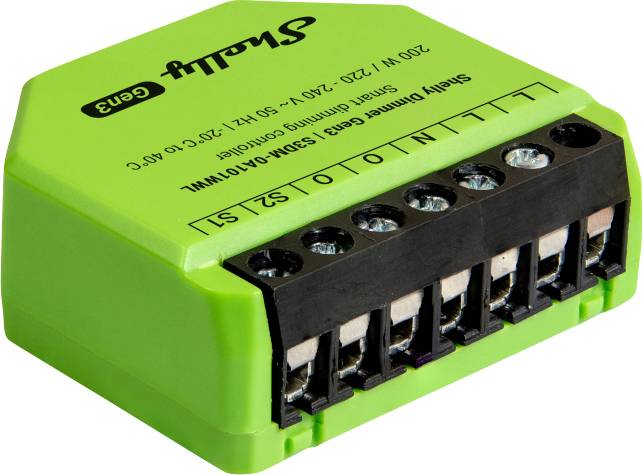Un appareil Shelly vert avec plusieurs ports de câblage étiquetés L, N, 0, 1, S1 et S2, utilisé pour l'éclairage intelligent et l'automatisation.