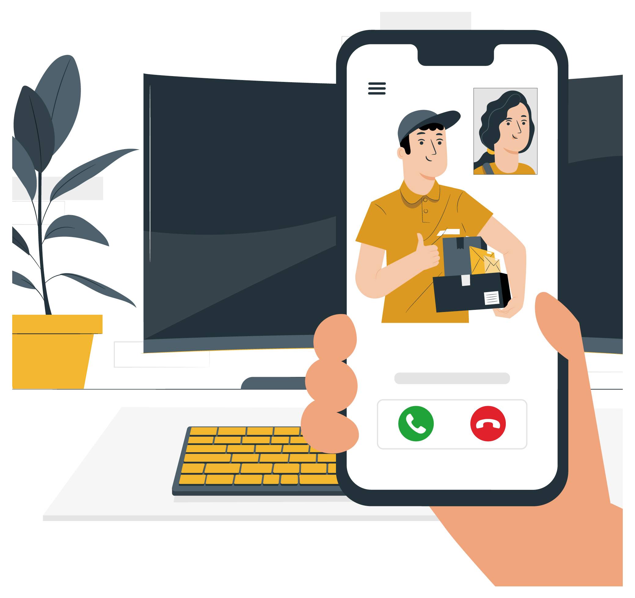 A hand holding a smartphone showing a video call with a delivery person giving a thumbs-up while holding packages.