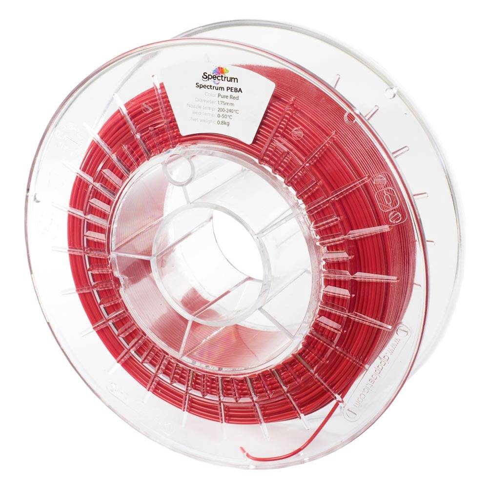 Bobine transparente de filament d'imprimante 3D rouge étiqueté « Spectrum PLA », présenté sur fond blanc.