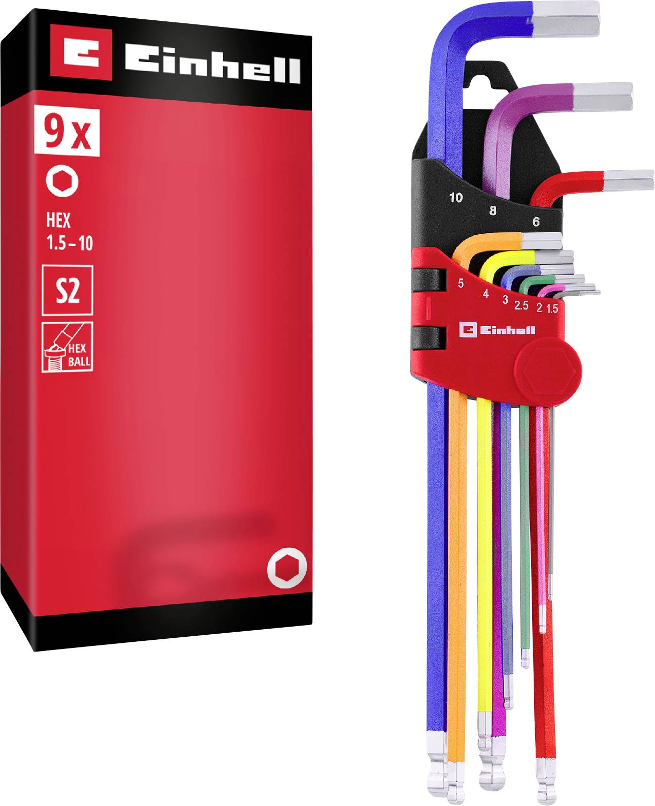 Jeu de 9 clés hexagonales Einhell avec clés Allen coudées codées par couleur dans un support rouge, tailles de 1,5 à 10 mm.