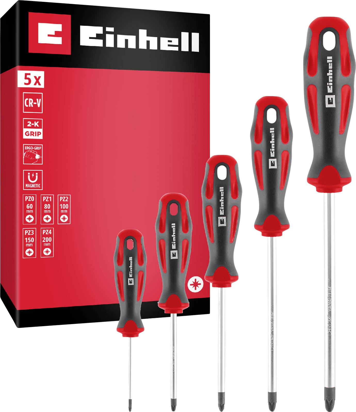Ensemble de 5 tournevis Einhell avec poignées rouge et noir et boîte de produit, présentant cinq tournevis assortis de différentes tailles.