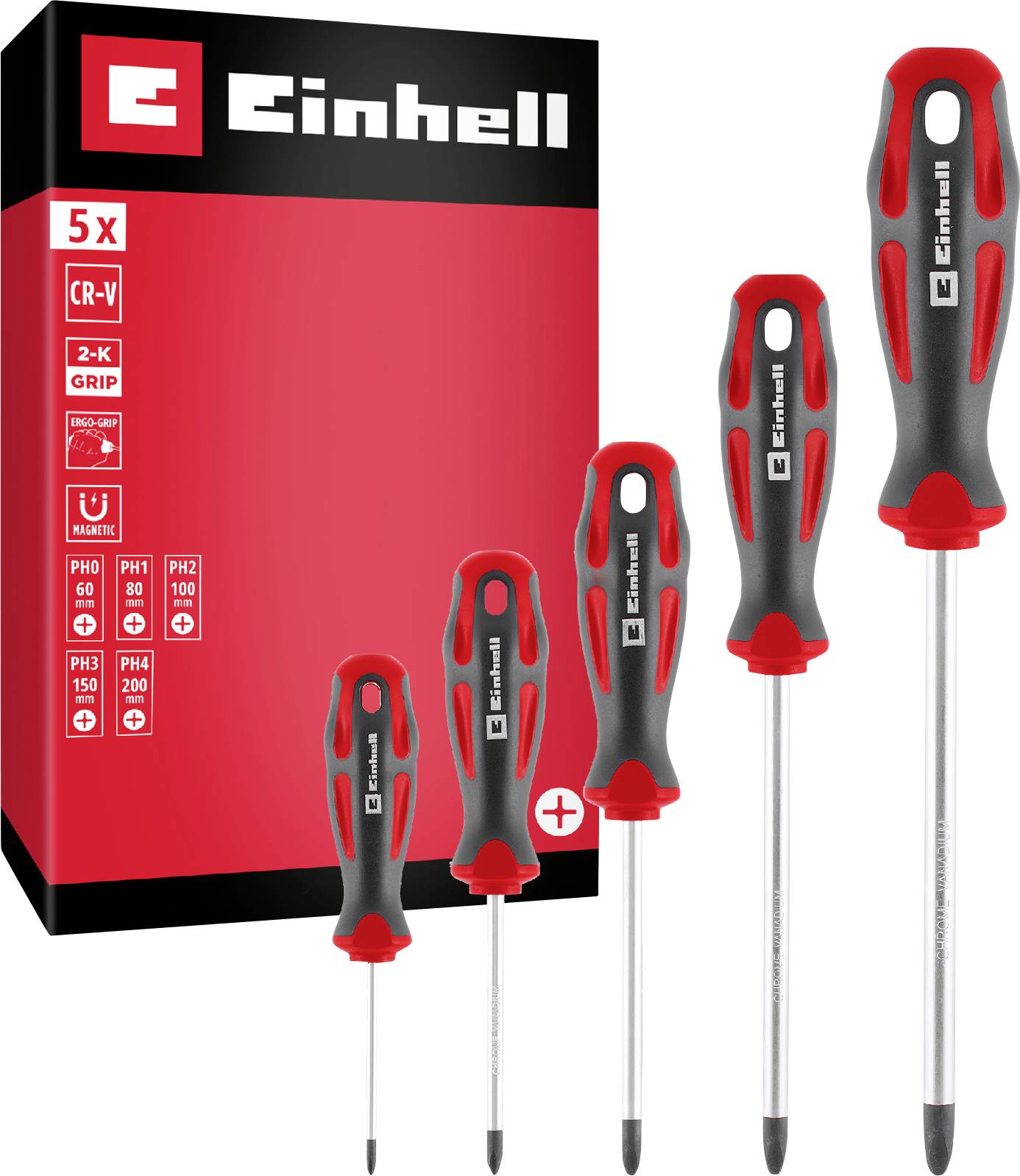 Ensemble de 5 tournevis Einhell dans une boîte d'exposition rouge et noire, montrant cinq tournevis de tailles variées