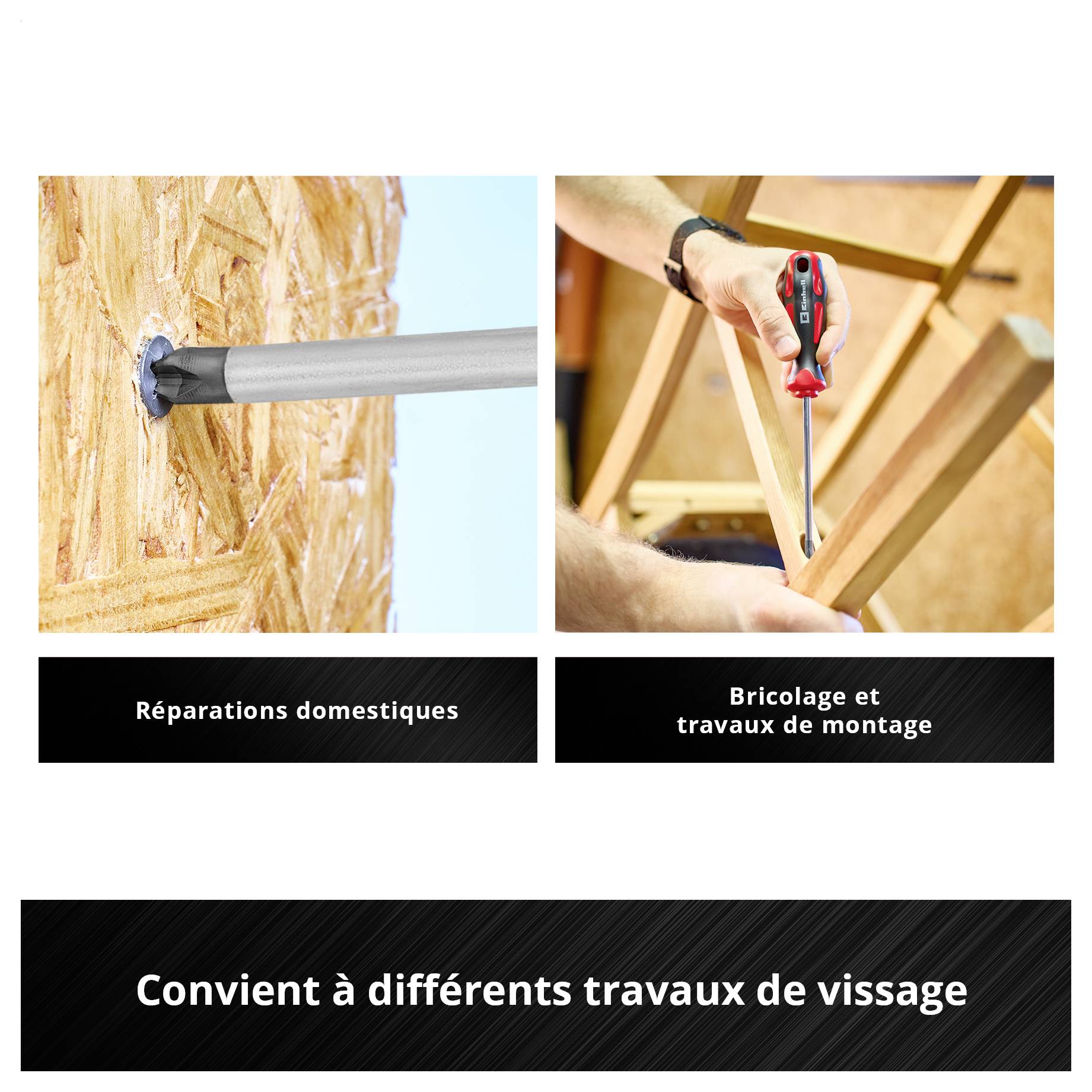 Image publicitaire pour travaux de vissage : à gauche perceuse dans du bois, à droite tournevis lors du montage ; en dessous « Réparations ménagères », « Travaux de bricolage et de montage », « Convient pour différents travaux de vissage ».
