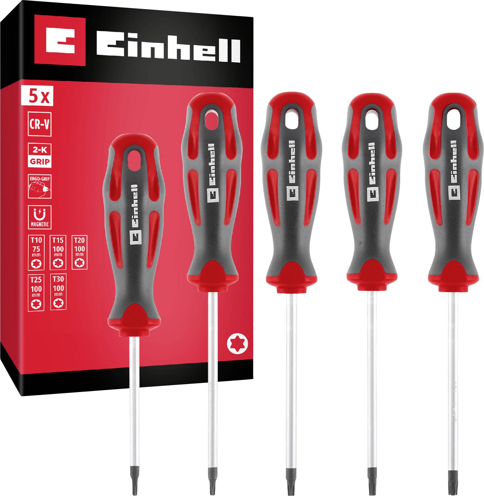 Ensemble de 5 tournevis Einhell avec poignées rouge et noir, présenté à côté de la boîte de produit sur un fond blanc.