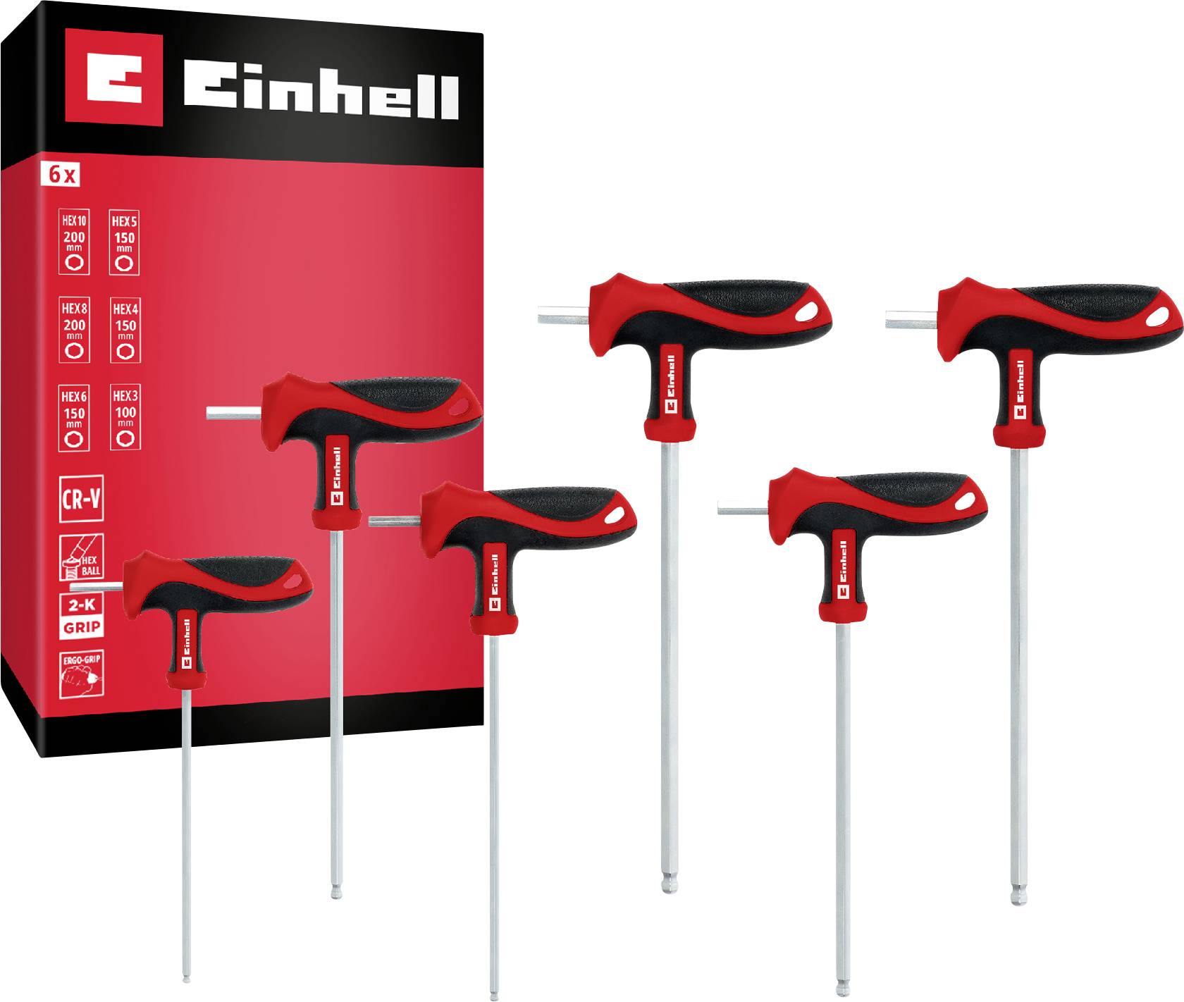 Ensemble de 6 clés hexagonales Einhell avec des tournevis à poignée en T rouge et noir dans un emballage de marque.