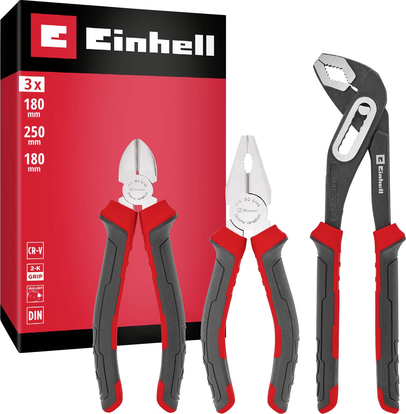 Ensemble de 3 pinces Einhell composé de pinces à bec diagonal de 180 mm, pinces universelles de 250 mm et pinces à tuyauterie réglables dans son emballage.