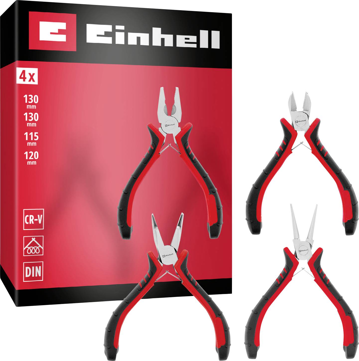 Ensemble de 4 pinces coupantes diagonales Einhell rouge et noir dans les tailles 130, 130, 115 et 120 mm, présenté avec son emballage de vente au détail.