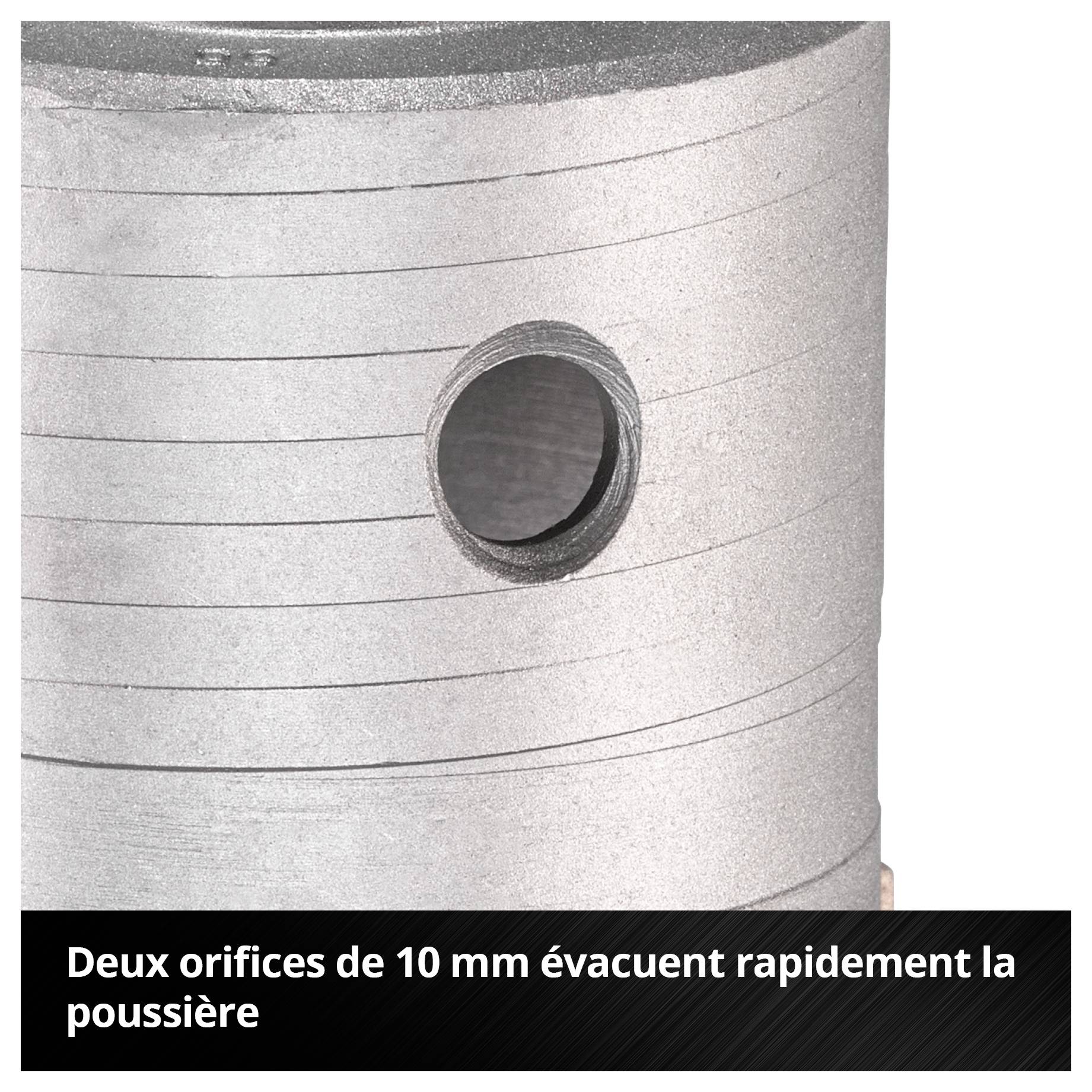 Gros plan d'un cylindre gris avec trou de forage ; légende : « Deux trous de forage de 10 mm évacuent rapidement et de manière fiable la poussière de forage ».