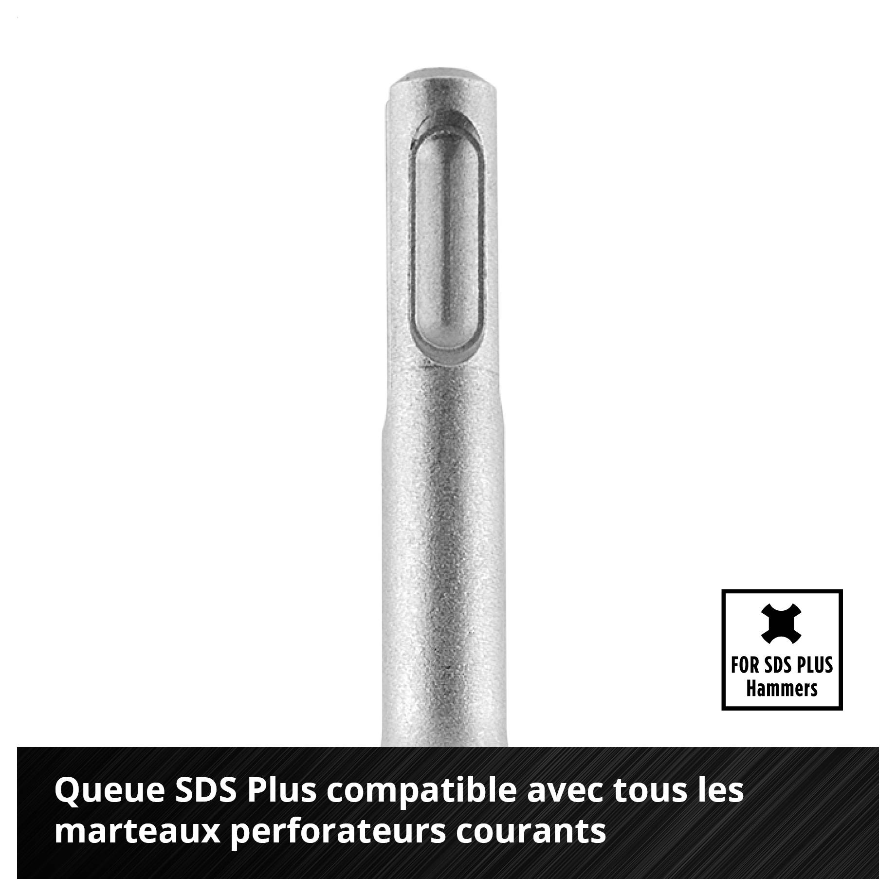 Tige de forage SDS-Plus pour tous les marteaux-piqueurs courants du commerce, avec indication « FOR SDS PLUS Hammers ».
