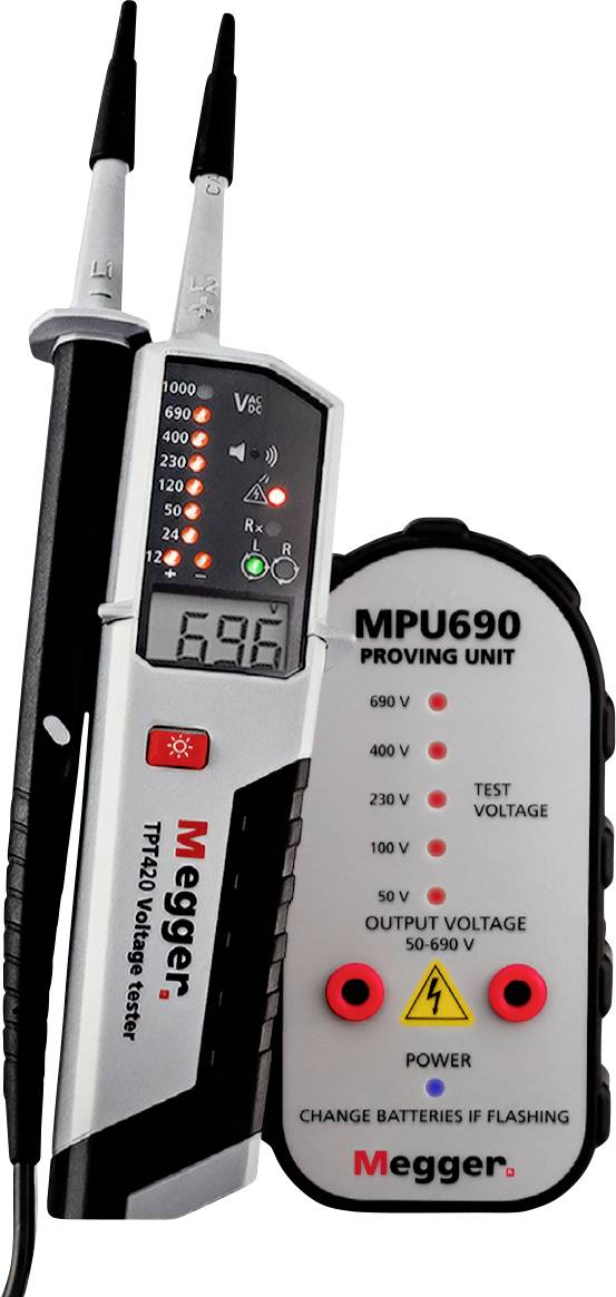 L'unité de contrôle MPU690 et le testeur de tension TPT420 sont affichés. Le testeur affiche « 696 ». L'unité de contrôle dispose de réglages de tension de 10V à 690V.