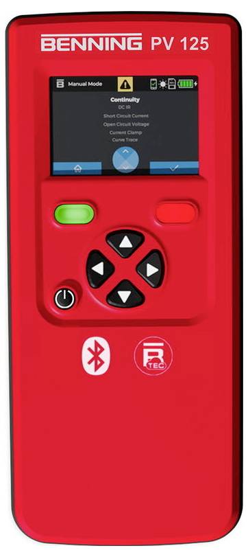 Red Benning PV 125 device with digital screen displaying electrical settings, buttons, and Bluetooth icon for connectivity.
