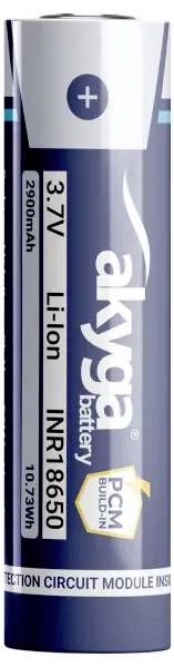 Une batterie cylindrique portant l'étiquette « Batterie Akyga 3.7V Li-ion INR18650 2900mAh PCM intégré 10.73Wh », avec un design bleu et blanc.