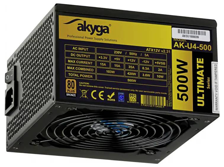 Unité d'alimentation 'Akyga 500W Ultimate', dotée d'une entrée CA de 230V, d'une sortie de 50Hz, d'un courant maximal de 15A, et d'une certification 80 Plus Bronze.