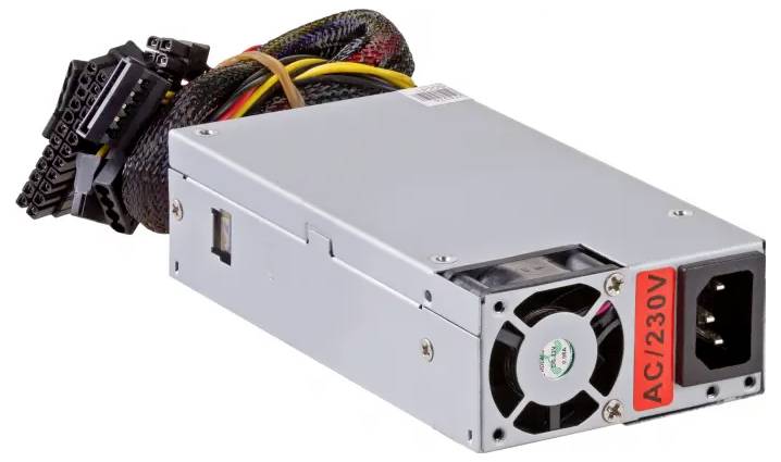 Une unité d'alimentation électrique pour ordinateur de couleur argent avec un ventilateur, étiquetée « AC/230V », et plusieurs câbles et connecteurs colorés attachés.
