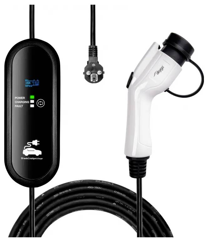 Câble de recharge pour véhicules électriques avec boîtier de contrôle ; les caractéristiques comprennent des indicateurs d'alimentation, de recharge et de défaut ; connecteur compatible illustré.