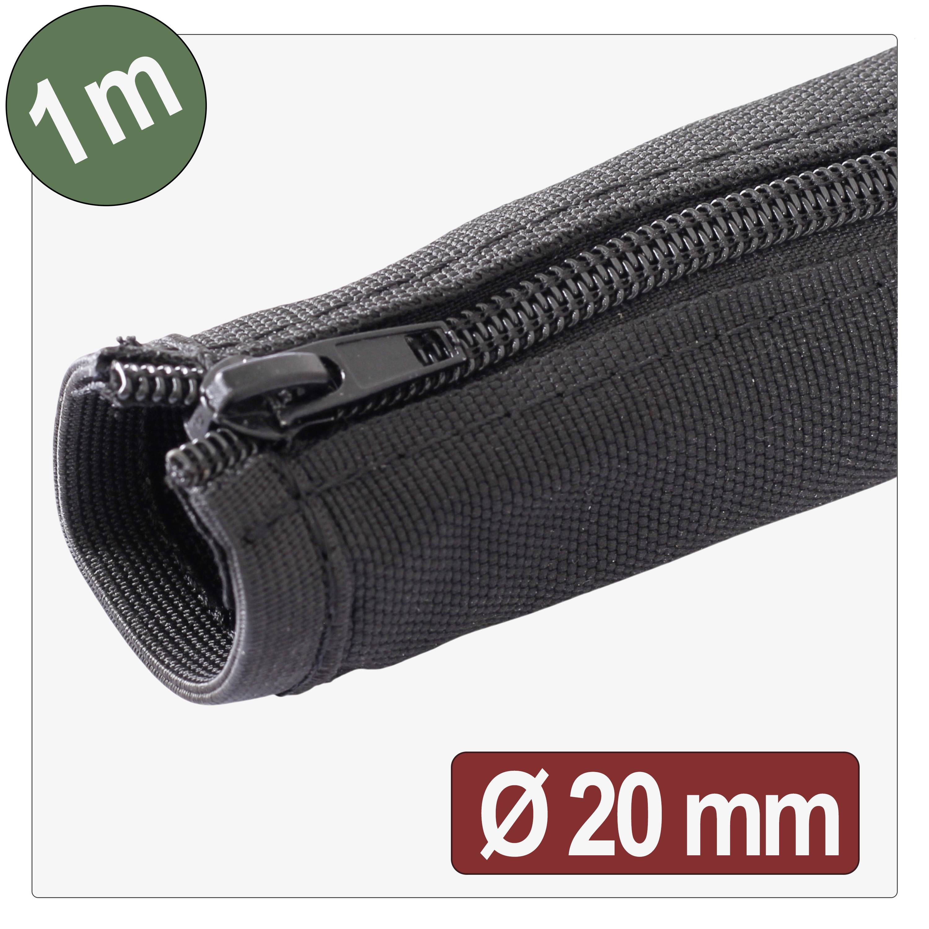 Une gaine de rangement de câbles à fermeture éclair noire, d'une longueur d'un mètre et d'un diamètre de 20 mm, présentée en détail rapproché.