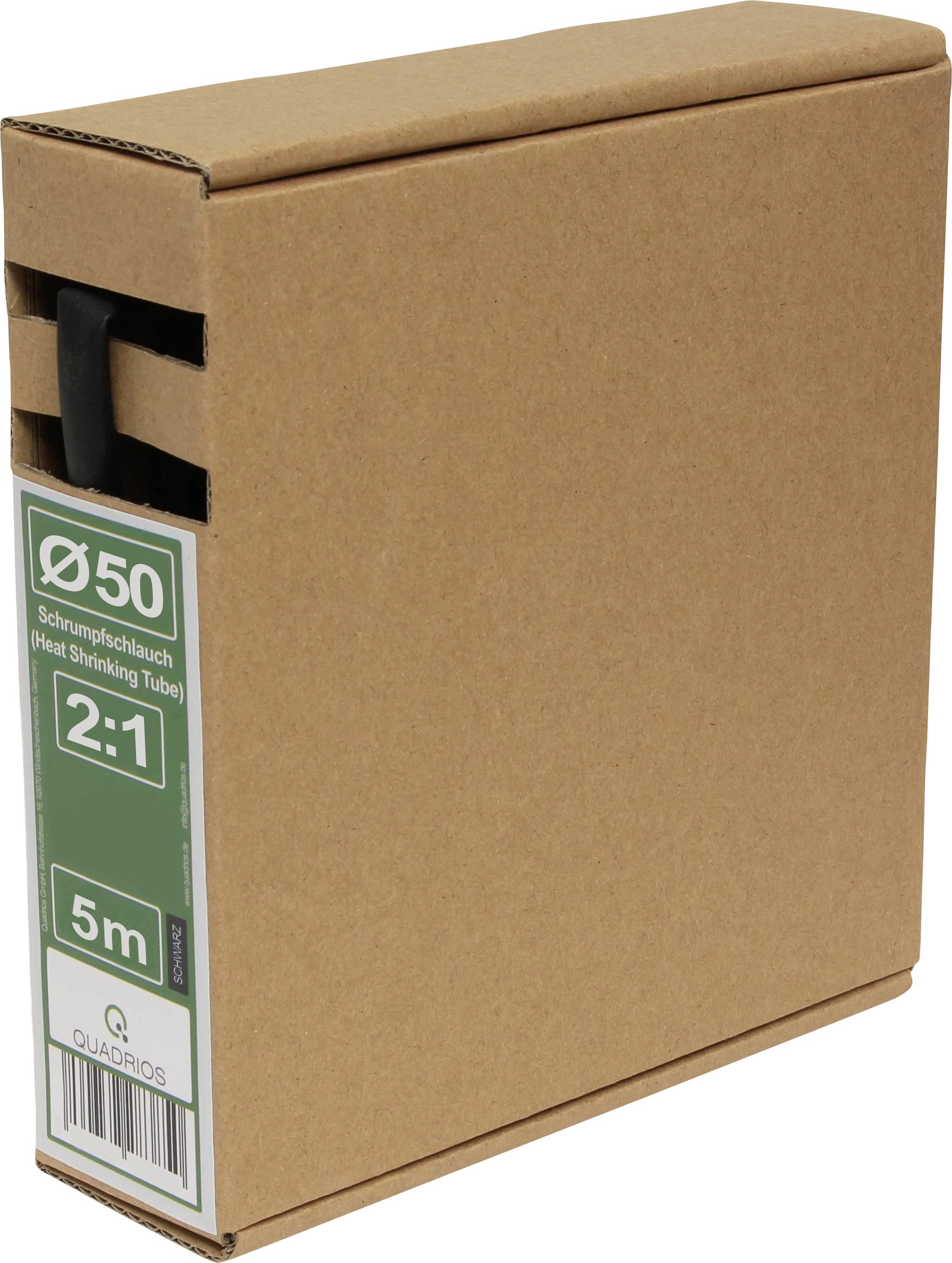Une boîte en carton étiquetée « Tube thermorétractable Ø50 2:1, 5m, Quadrios » avec une fente de distributeur visible sur le côté.