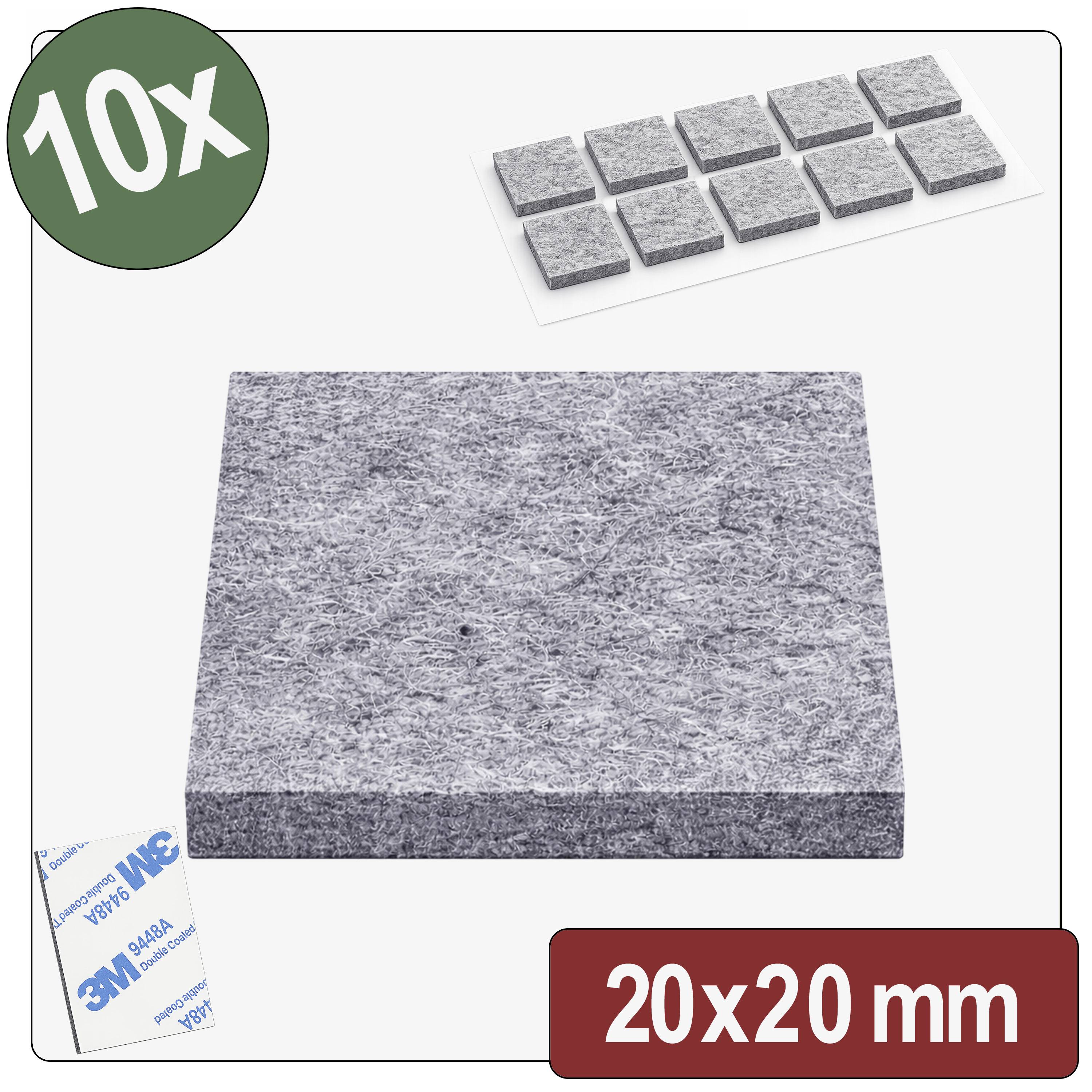 10x Patins en feutre gris, 20x20 mm, avec adhésif 3M, présentés en lot. Idéal pour protéger les surfaces contre les rayures.