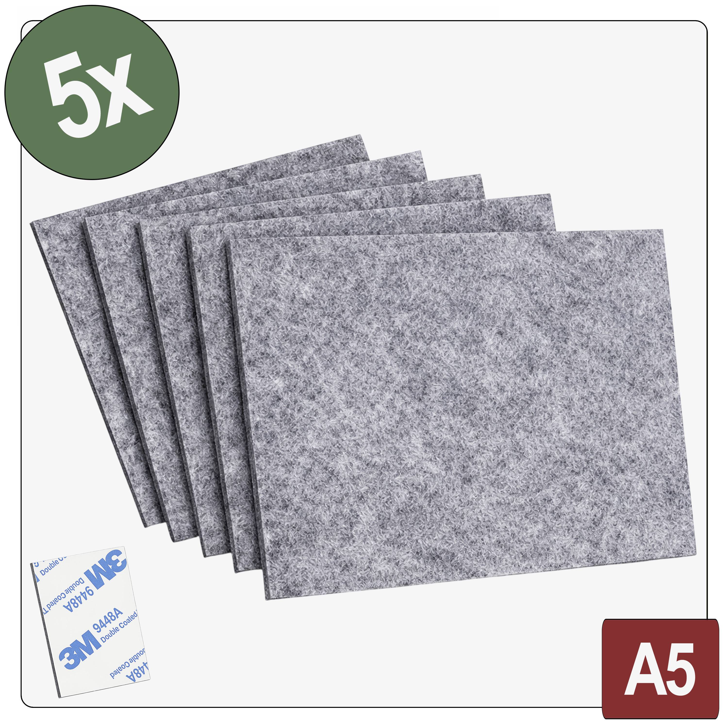 Paquet de 5 sous-verres en feutre gris au format A5 avec dos adhésif.