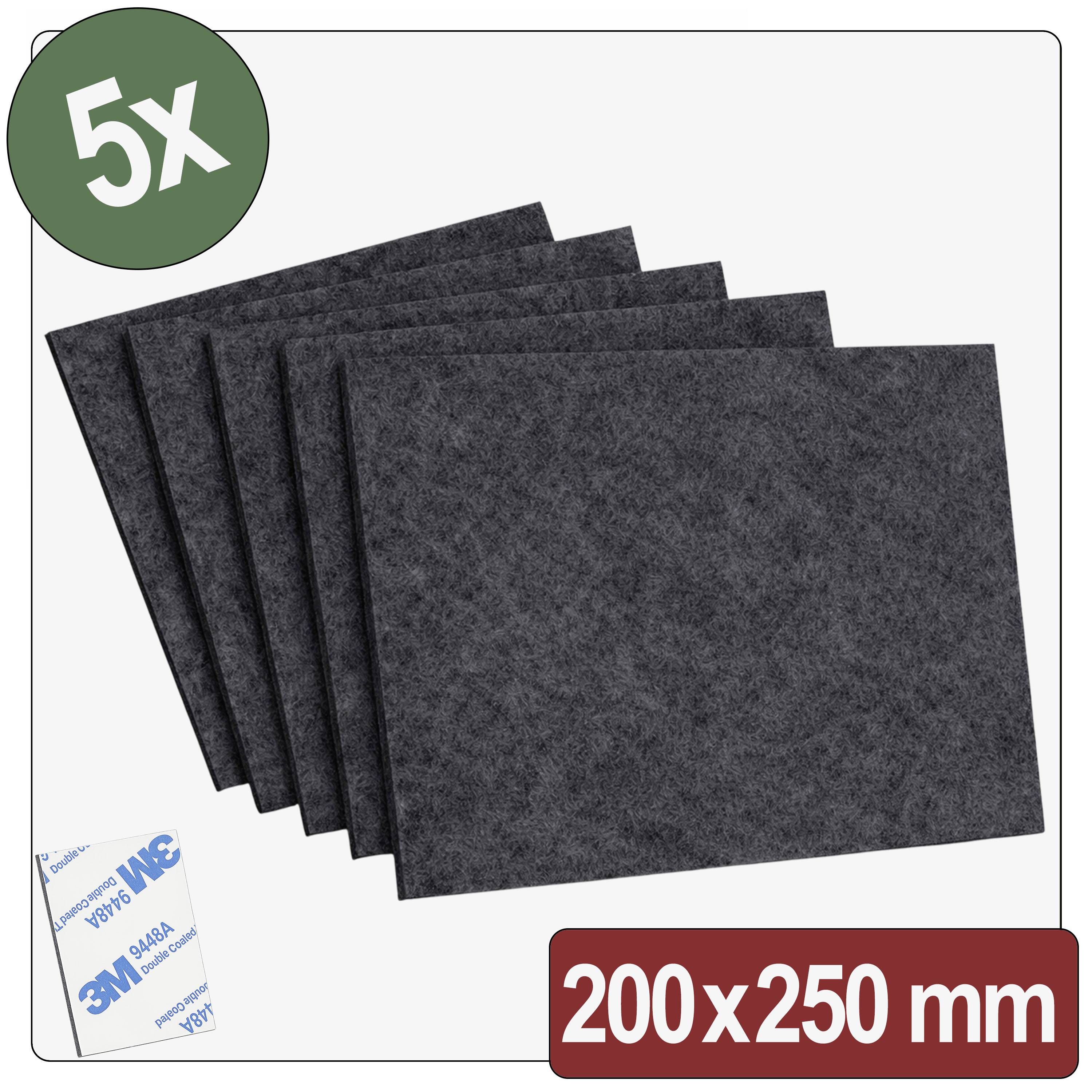 Cinq feuilles de feutre noir, taille 200x250 mm, sont exposées. Une étiquette « 5x » est visible dans un cercle vert, et la marque 3M apparaît dans le coin.