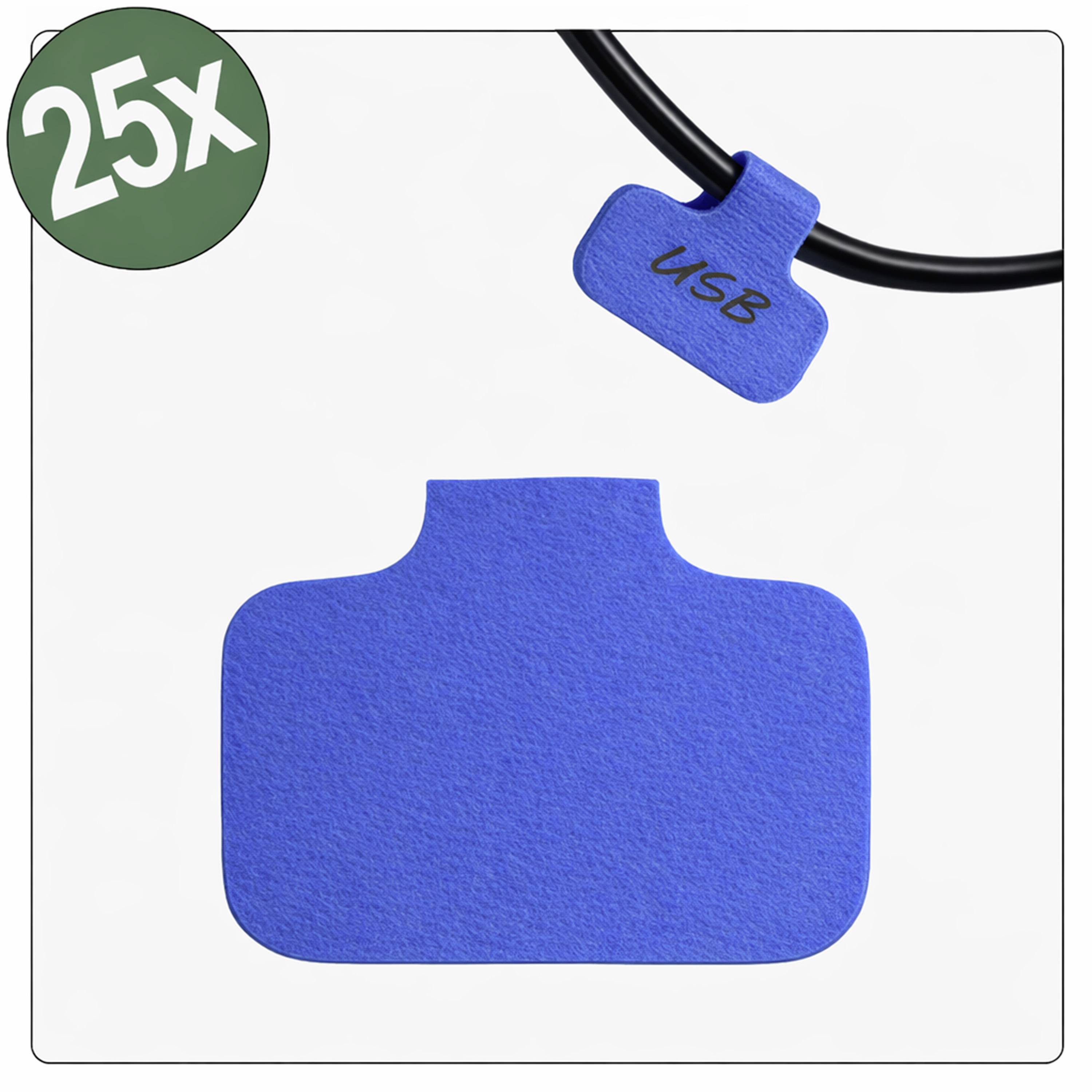 Porte-clé USB bleu en forme d'appareil photo, avec un câble noir attaché. Étiquette circulaire « 25x » dans le coin supérieur gauche.