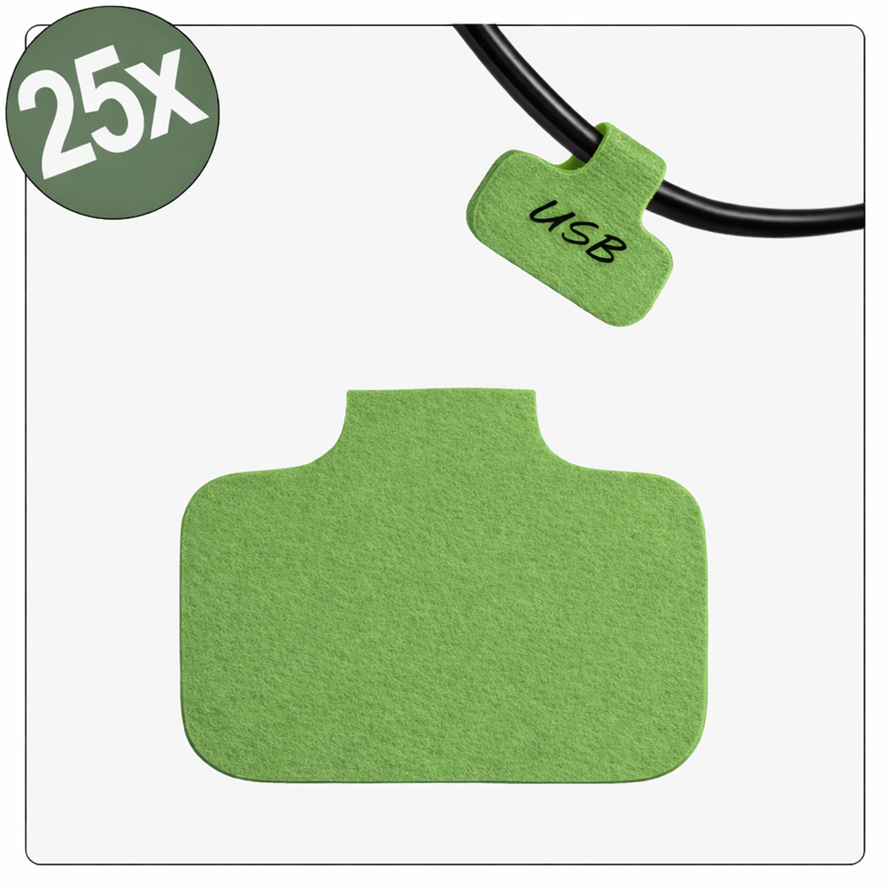 Protecteur de câble en forme d'USB vert avec le texte « 25x » indiquant la quantité.