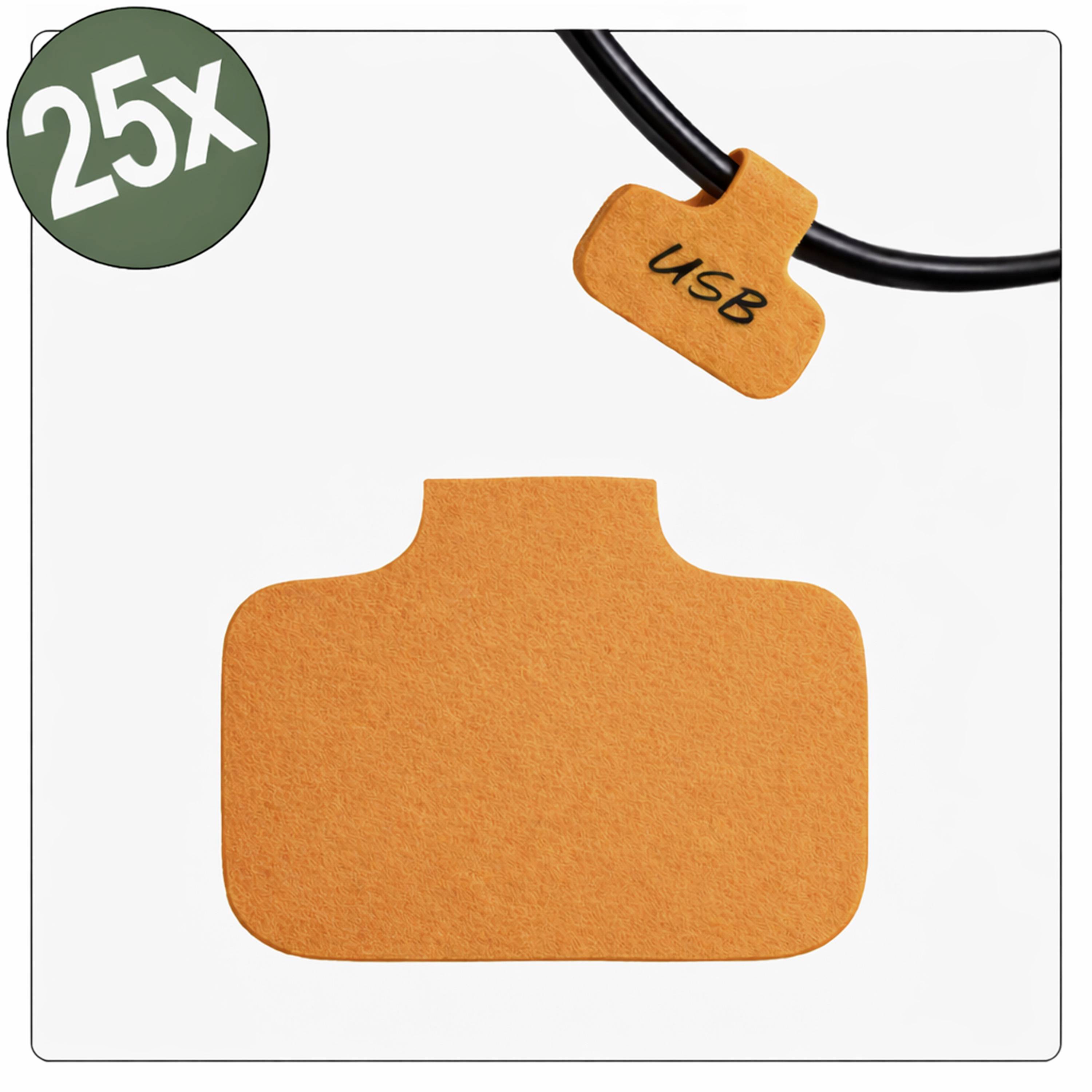 Un câble USB orange avec un design unique et plat et large est étiqueté « USB » en noir. Dans le coin supérieur gauche, « 25x » s'affiche dans un cercle vert.
