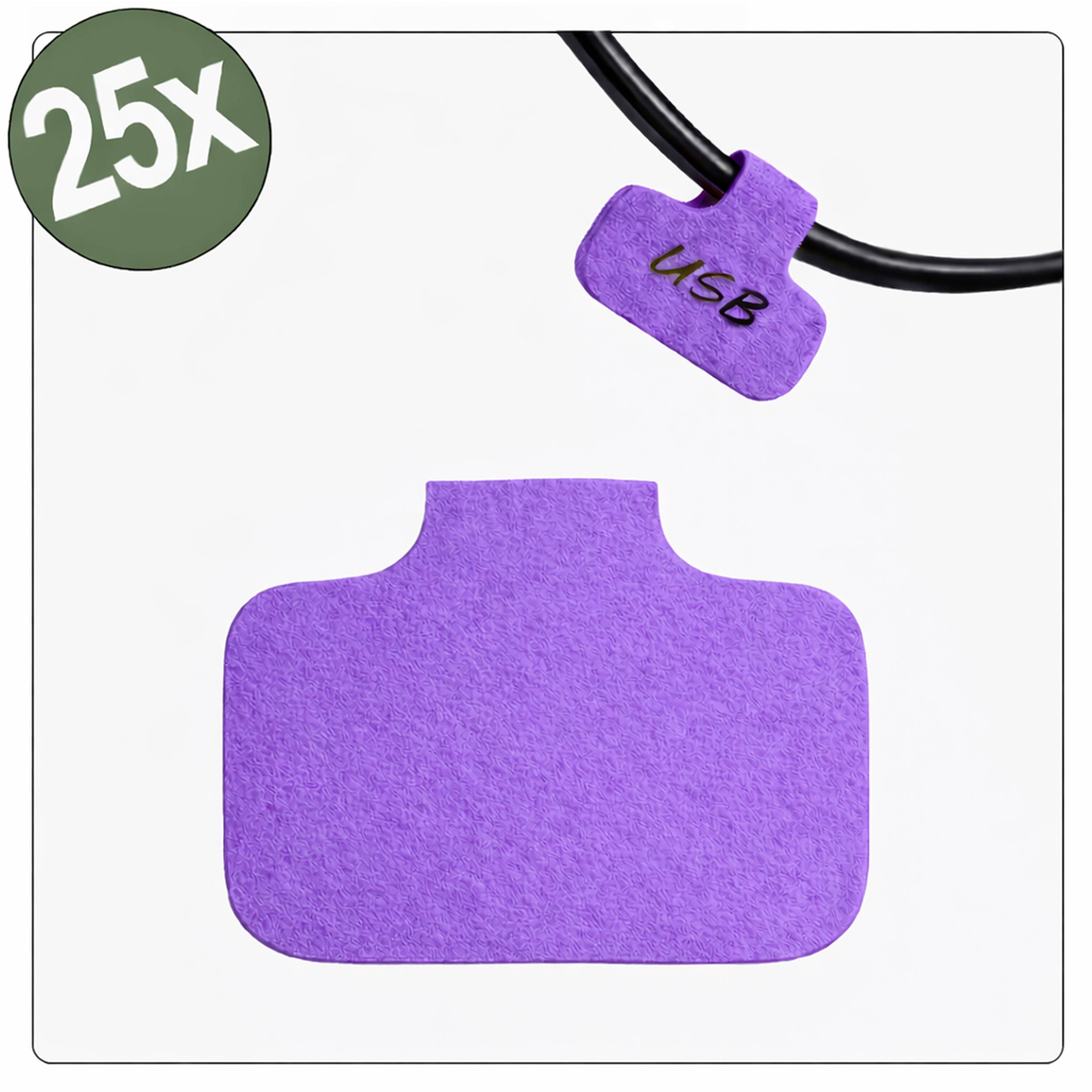 Câble USB violet avec le texte « USB », agrandi 25 fois, mettant en évidence la finition texturée de type feutre du connecteur.