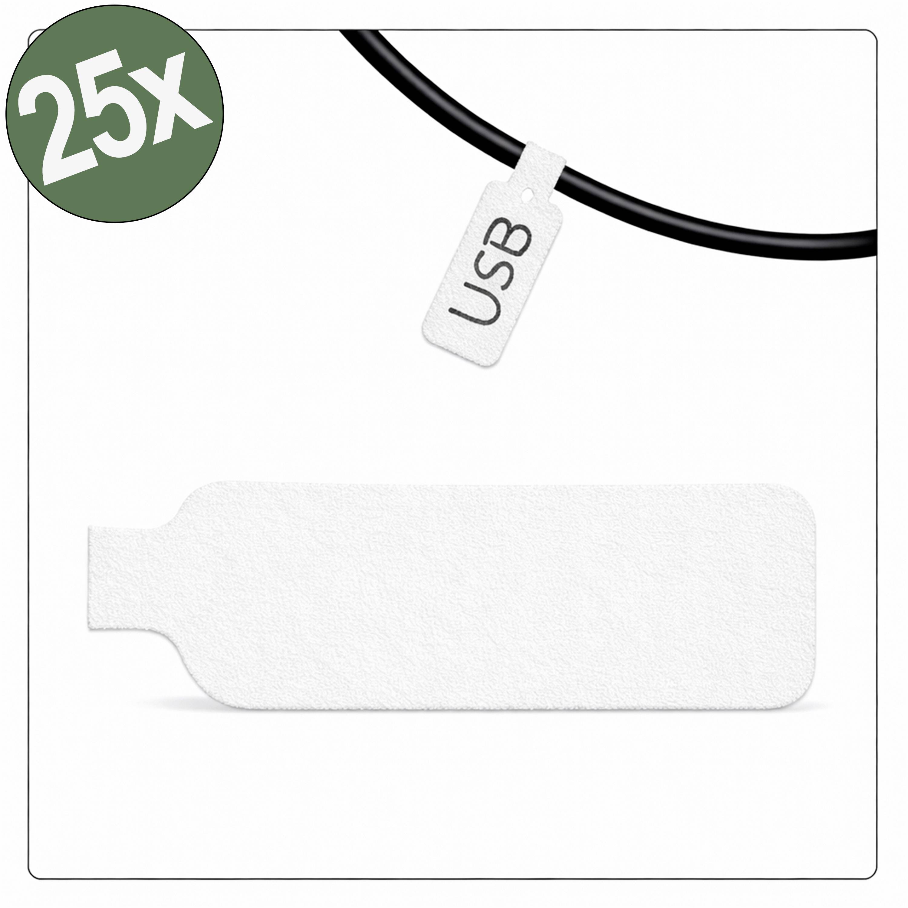 « Un câble noir avec une étiquette USB est enroulé au-dessus d'un pansement adhésif blanc. Un cercle vert dans le coin indique « 25x ». »