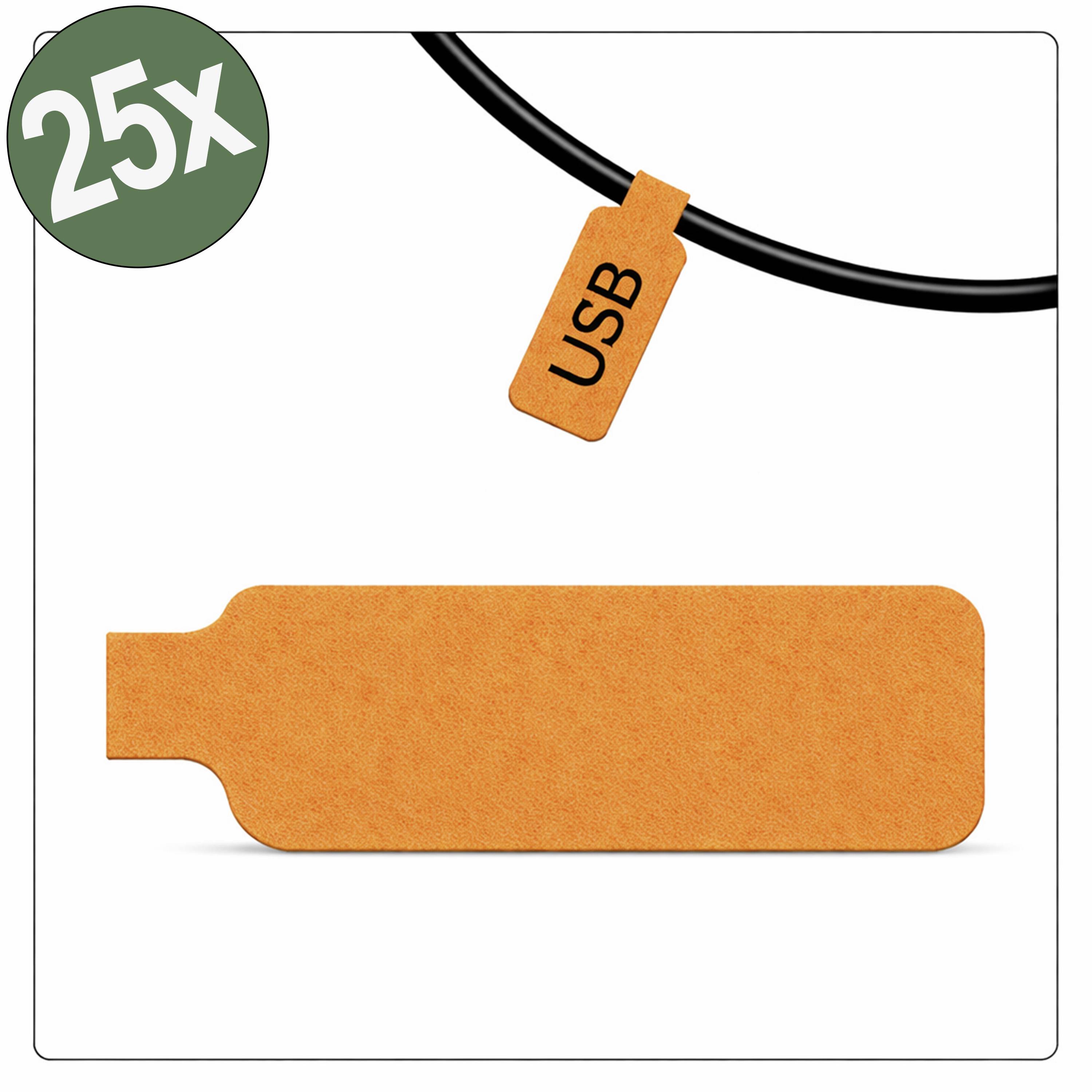 Étiquette « USB » sur câble noir, mettant en évidence une clé USB orange. Un cercle vert « 25x » en haut à gauche indique la quantité.