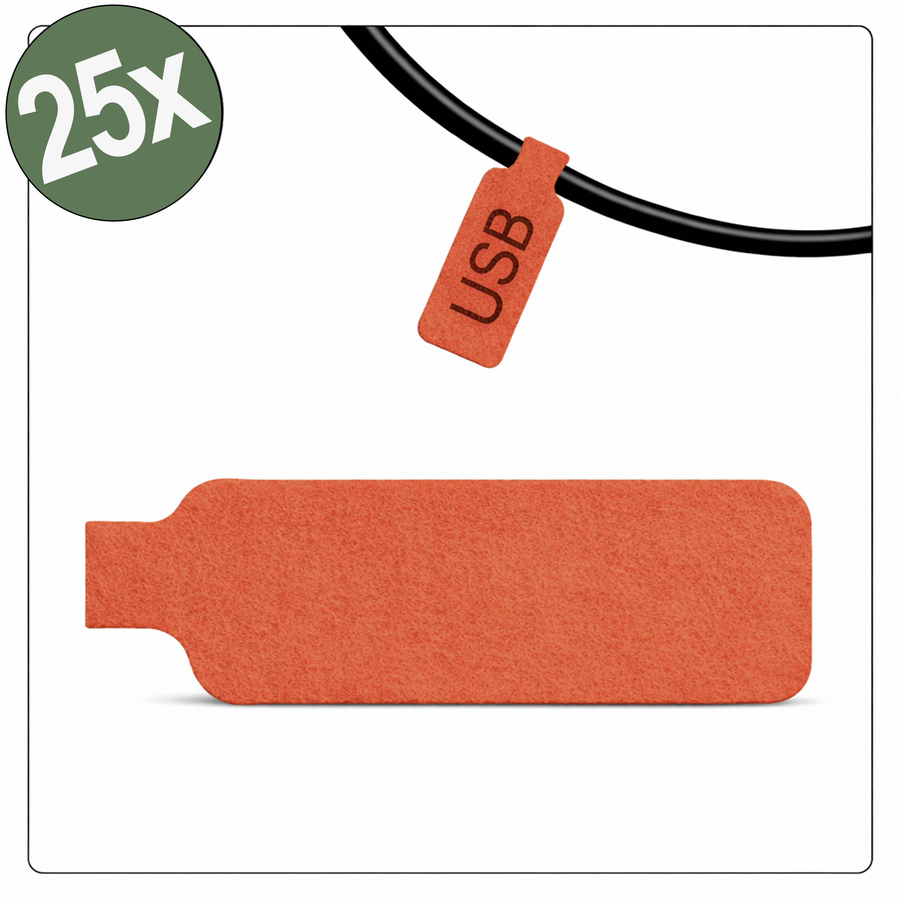 Étiquette USB orange et étui de protection assorti suspendus à un câble noir, avec « 25x » dans un cercle vert en haut, indiquant la quantité.