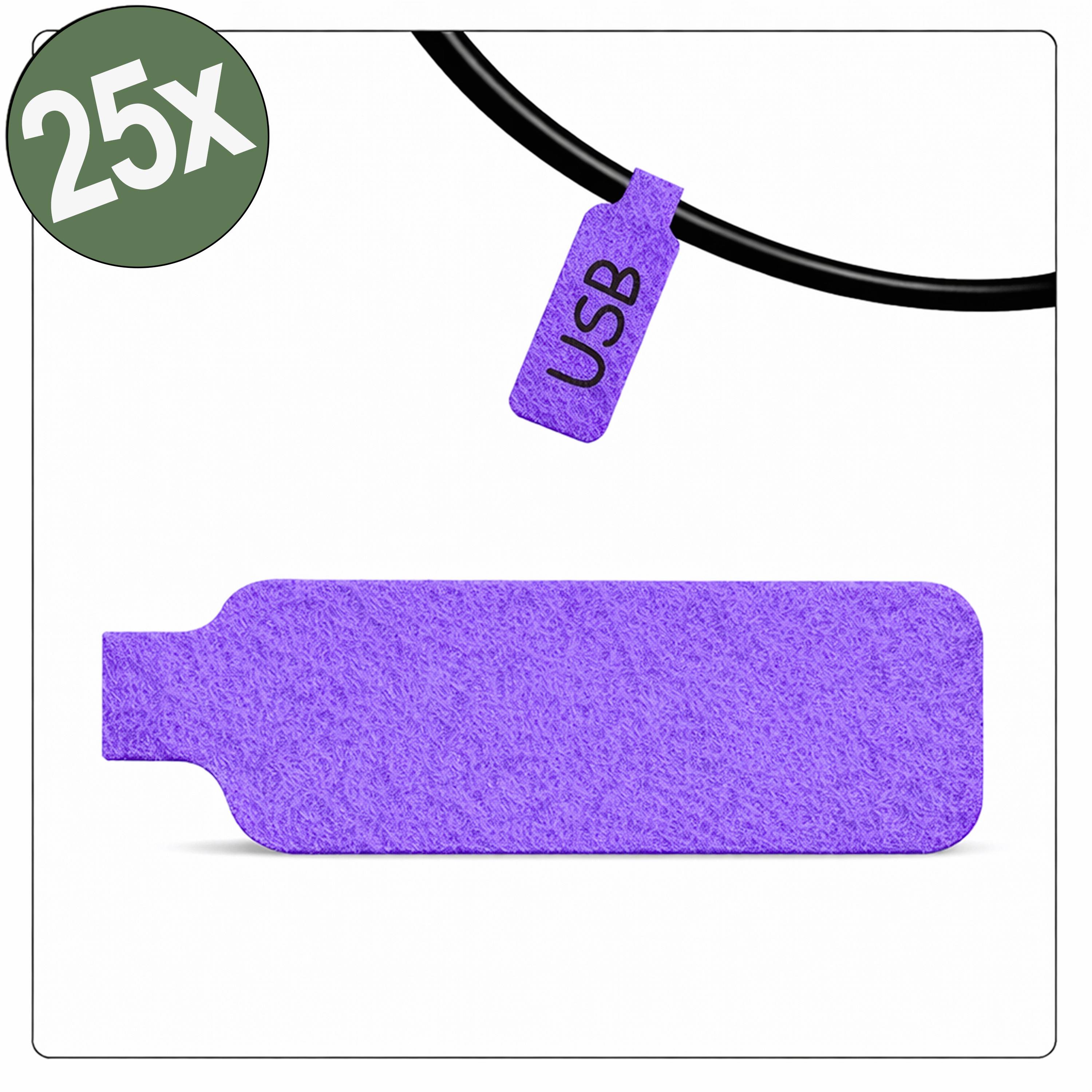 Étiquette « USB » sur un câble noir, un morceau rectangulaire violet à proximité. Cercle vert avec « 25x » en texte blanc dans le coin supérieur gauche.