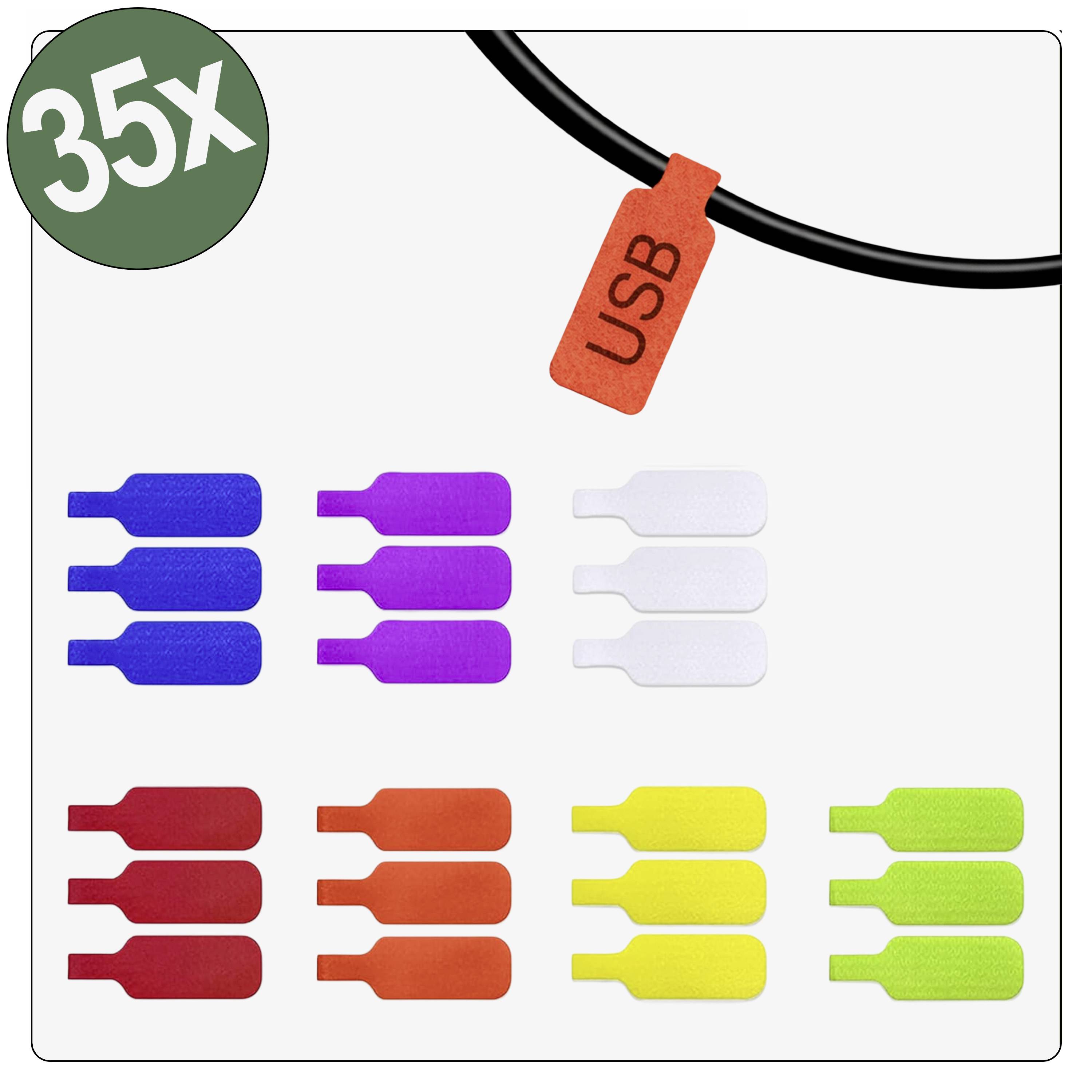 35 marqueurs de câble USB dans des couleurs assorties, notamment bleu, violet, blanc, rouge, orange et jaune, avec un câble noir.