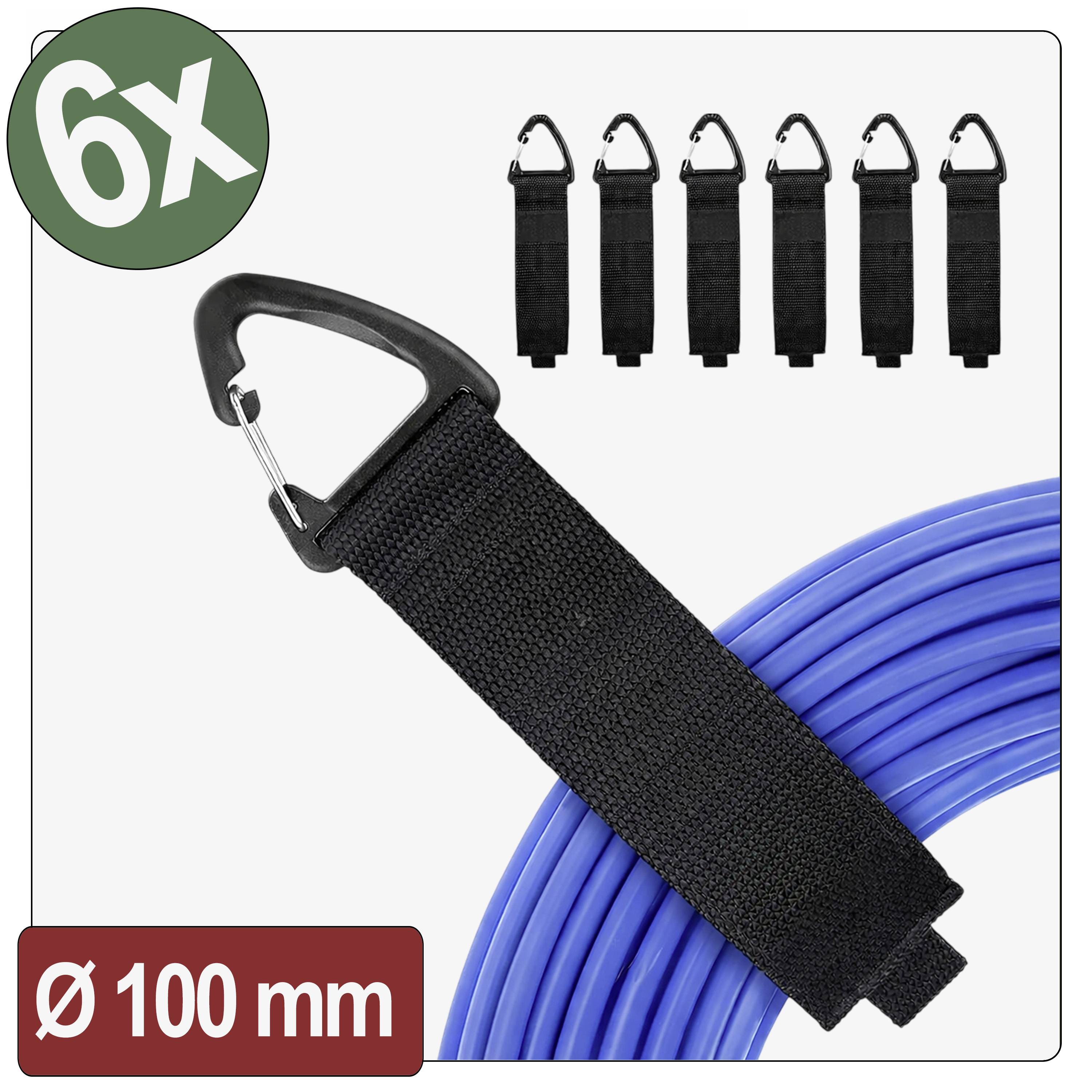 Sangles de suspension « 6x » avec mousquetons et étiquette « ø 100 mm », présentées organisant un tuyau enroulé bleu.