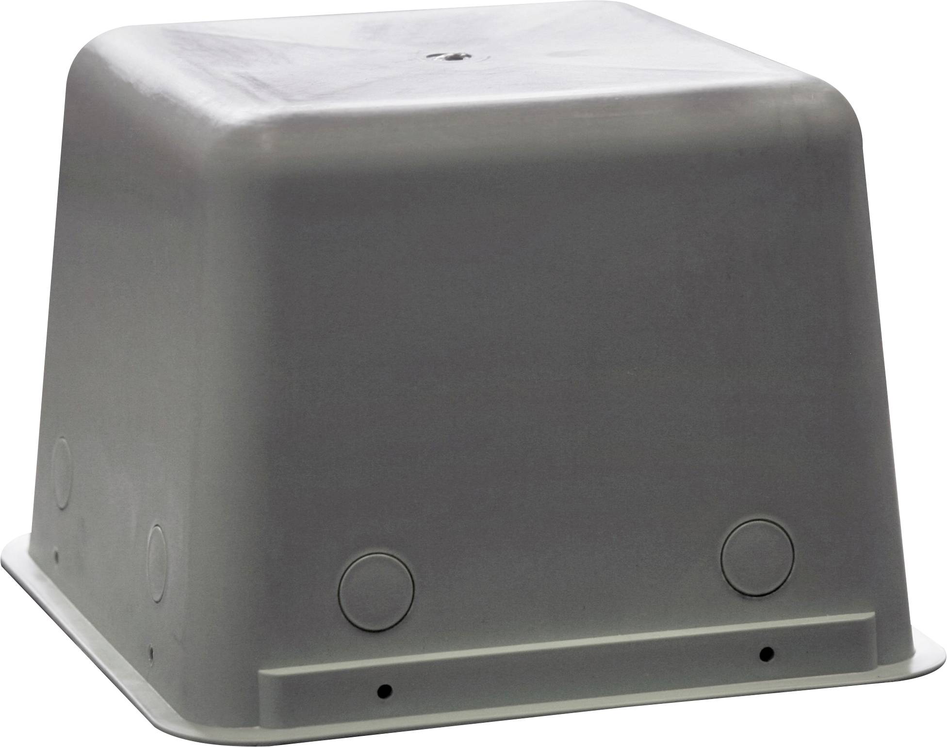 Un couvercle en plastique gris de forme rectangulaire avec des bords arrondis et des indentations circulaires de chaque côté, utilisé pour les boîtes électriques ou de services publics extérieures.
