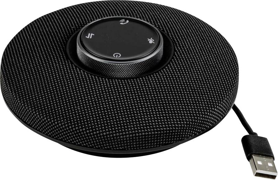 Un haut-parleur téléphonique noir et circulaire avec des commandes de volume et de sourdine sur le dessus, connecté via un câble USB.