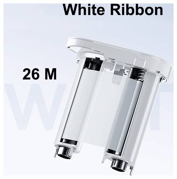 White ribbon cartridge labeled '26 M' with a transparent plastic case and two visible rollers, shown on a pale background.